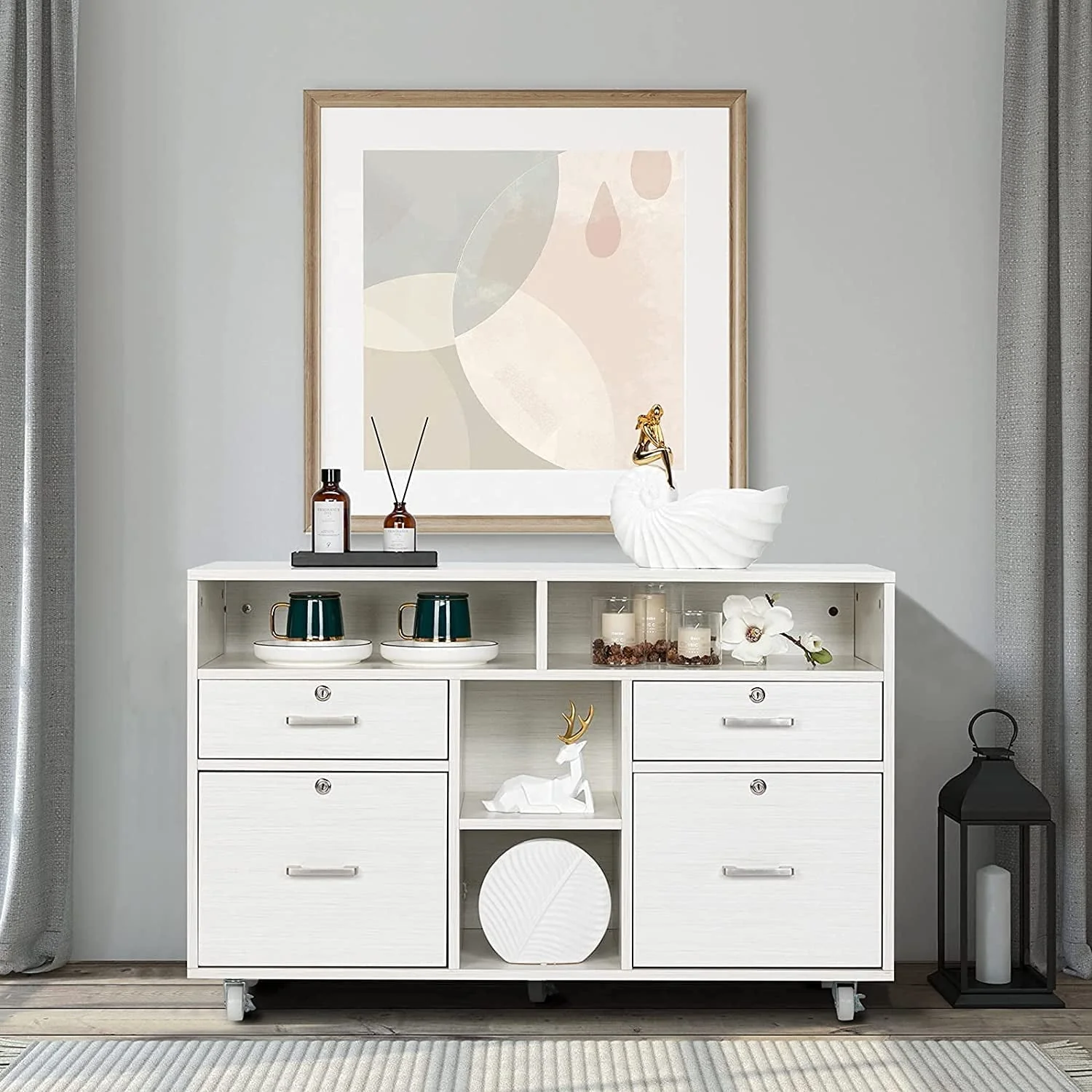 VINGLI Rolling 4-Drawer File Cabinet with Lock and Shelves, Wood Lateral Filling Printer Stand for Home Office, Cream White