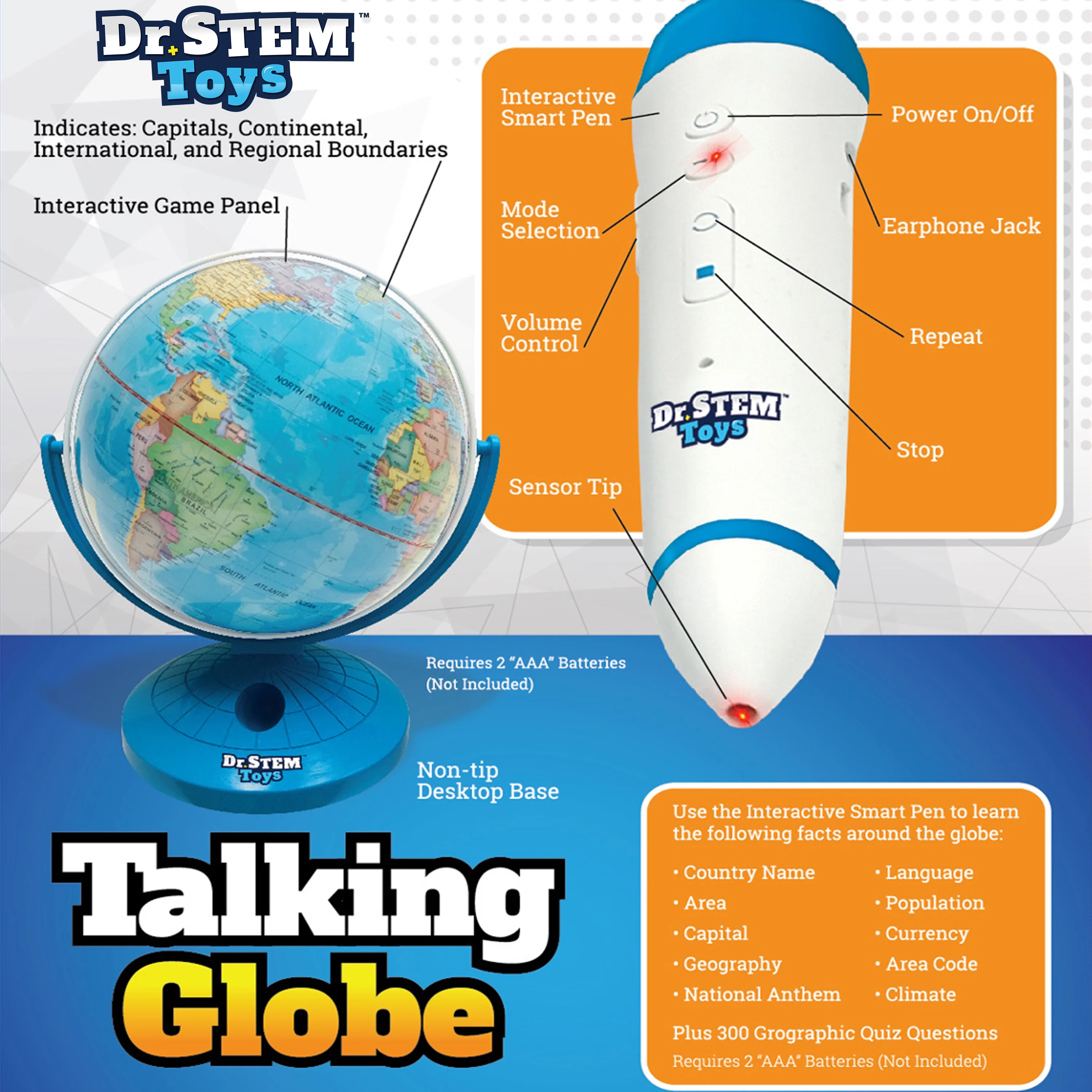 Dr. STEM: Interactive Talking Globe - Touch & Learn, Geographic Education Learning Set, Smart Pen, Electronic Game Panel, 300 Quiz Questions, Kids 6+