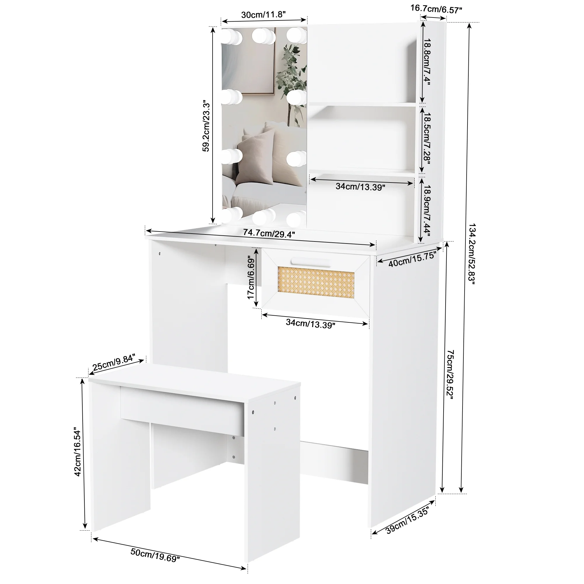 Resenkos Vanity Desk Set with Mirror and Lights for Makeup, 5 Drawers Storage Dresser for Bedroom, White