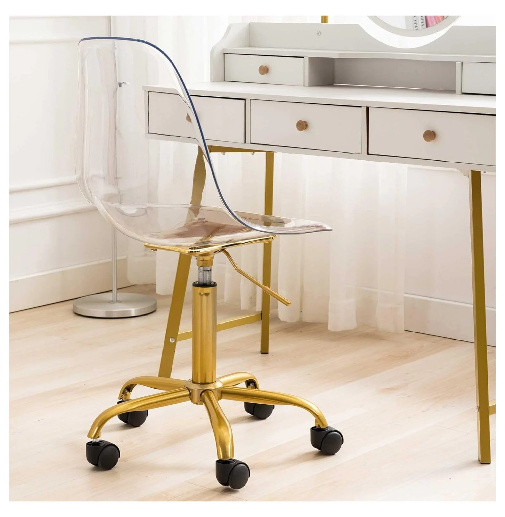saney Clear Rolling Chair, Armless Desk Chair with Golden Feet Swivel Molded Plastic Shell Adjustable Home Office Chair with Wheels, Clear