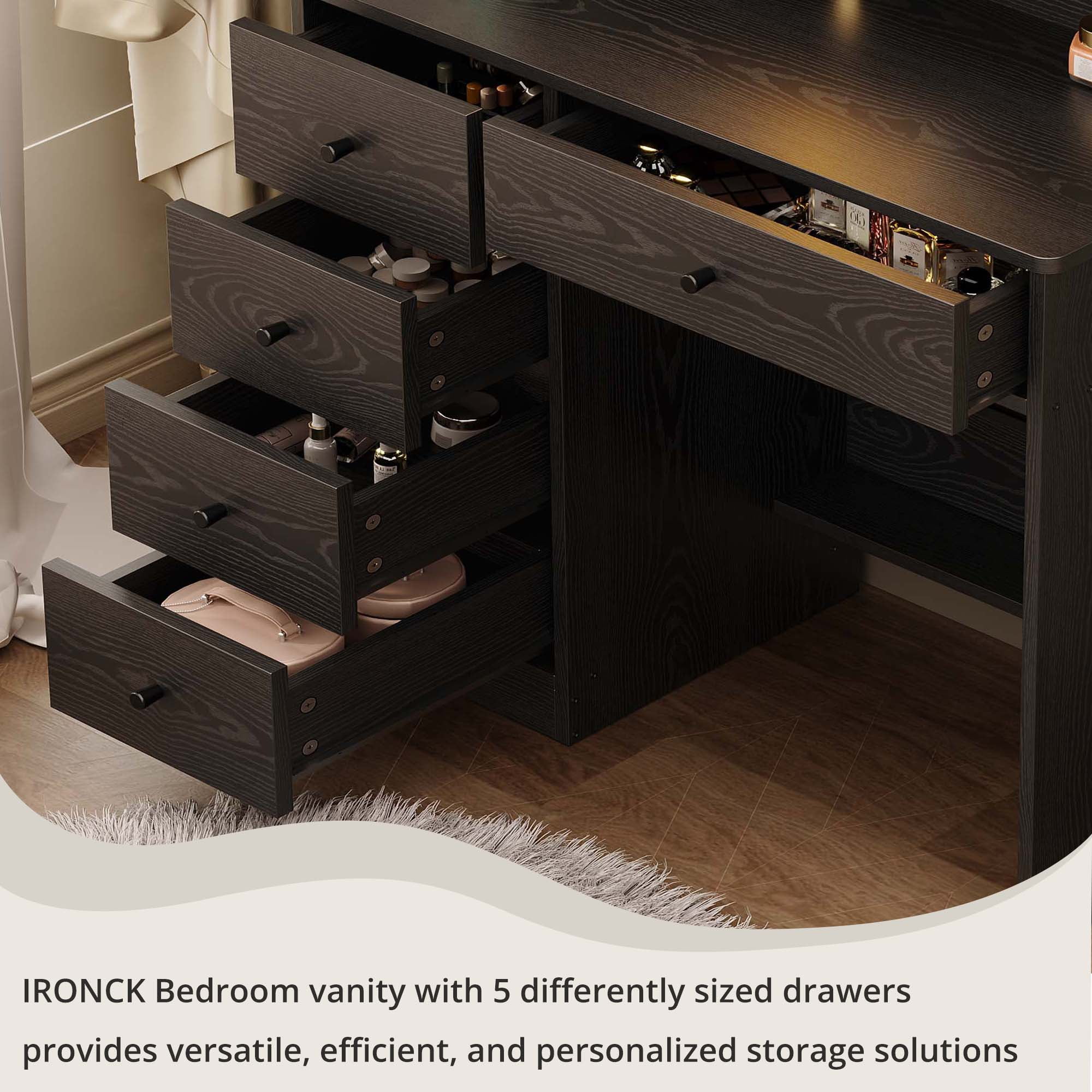 IRONCK White Vanity Set with Mirror and Lights, Makeup Vanity Desk with 5 Drawers & 2 Cabinets & Charging Station