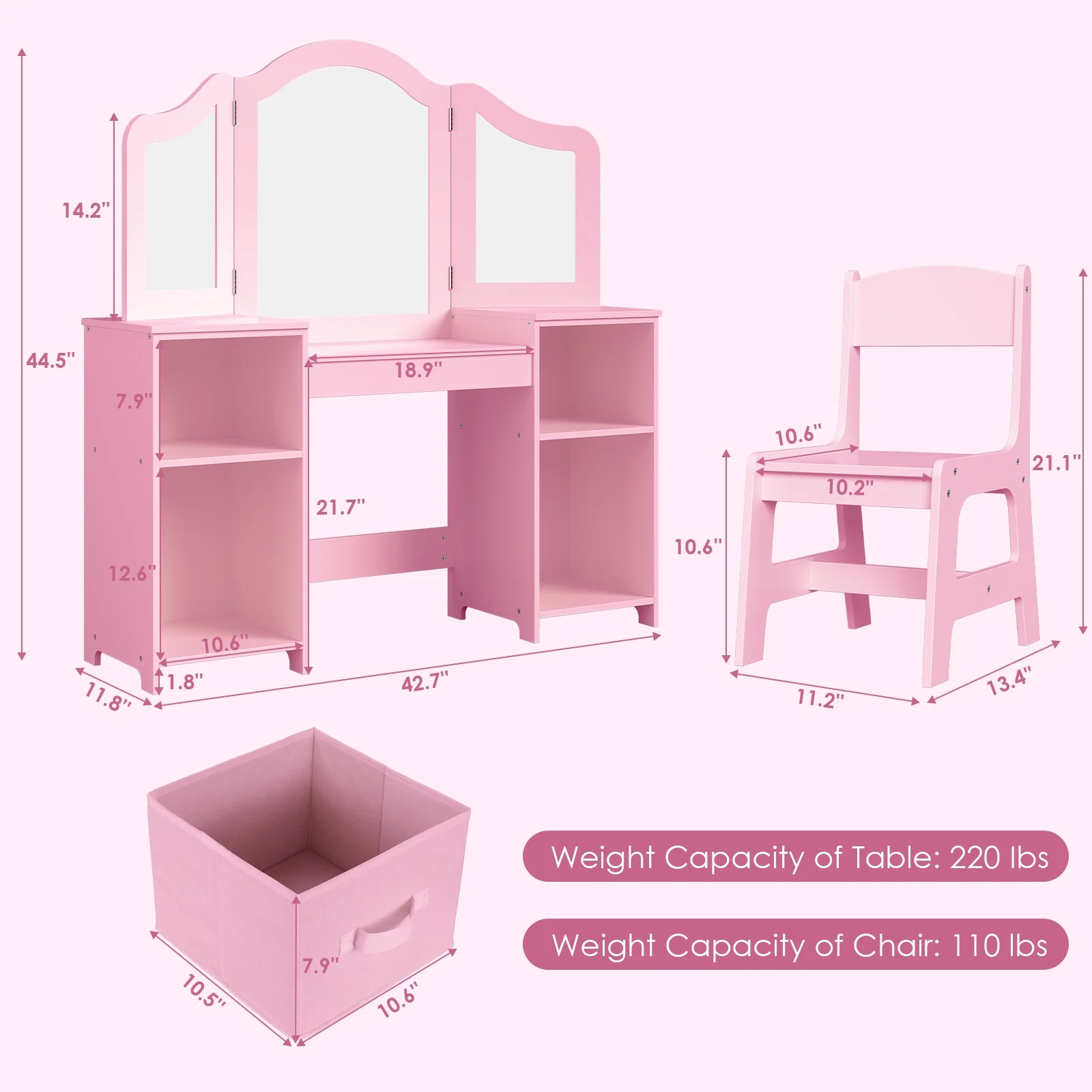 Arlopu Kids Vanity Set with Stool, Wooden Makeup Vanity Desk Children Dressing Table with Chair, Tri-Folding Mirror, Storage Cabinet & Drawers
