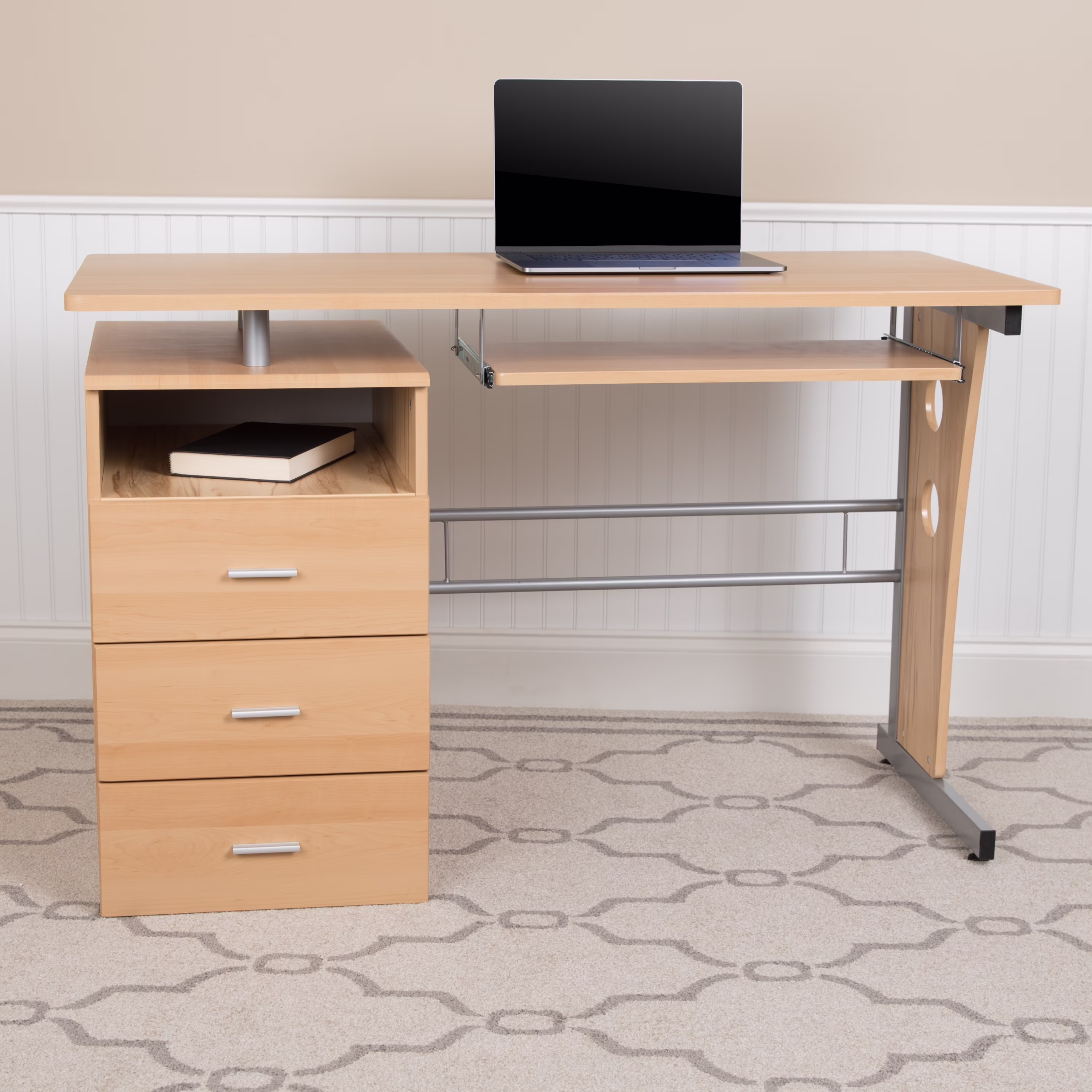 Flash Furniture Rustic Walnut Desk with Three Drawer Pedestal and Pull-Out Keyboard Tray