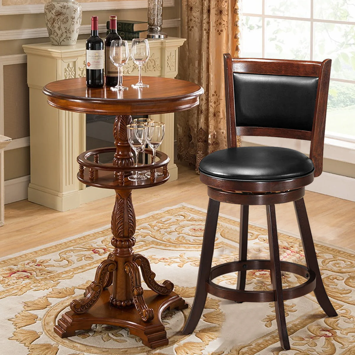 Costway Set of 2 24'' Swivel Counter Stool Wooden Dining Chair Upholstered Seat Espresso Panel back