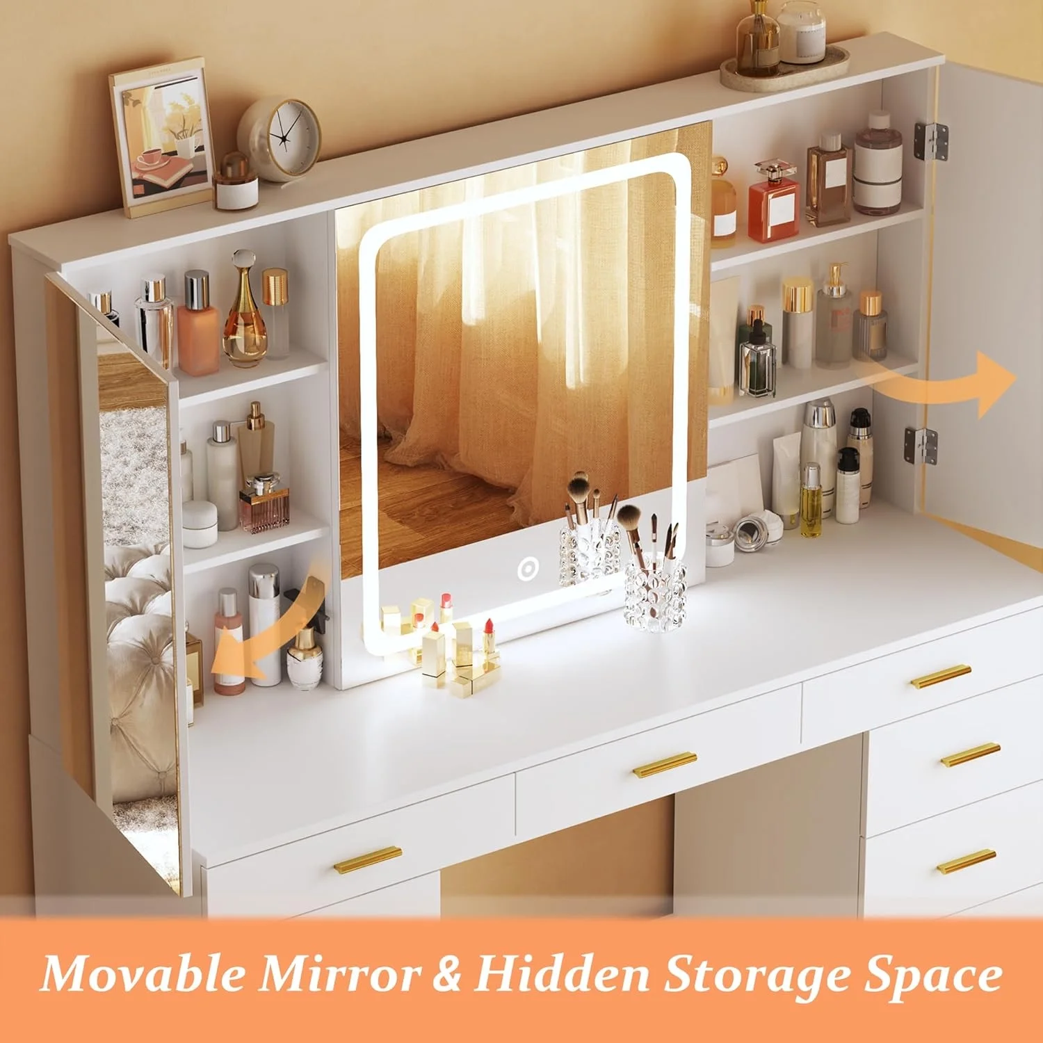Tomnk woo White Makeup Vanity Desk with Large Mirror, Adjustable Lights, Storage Drawers & Power Outlets