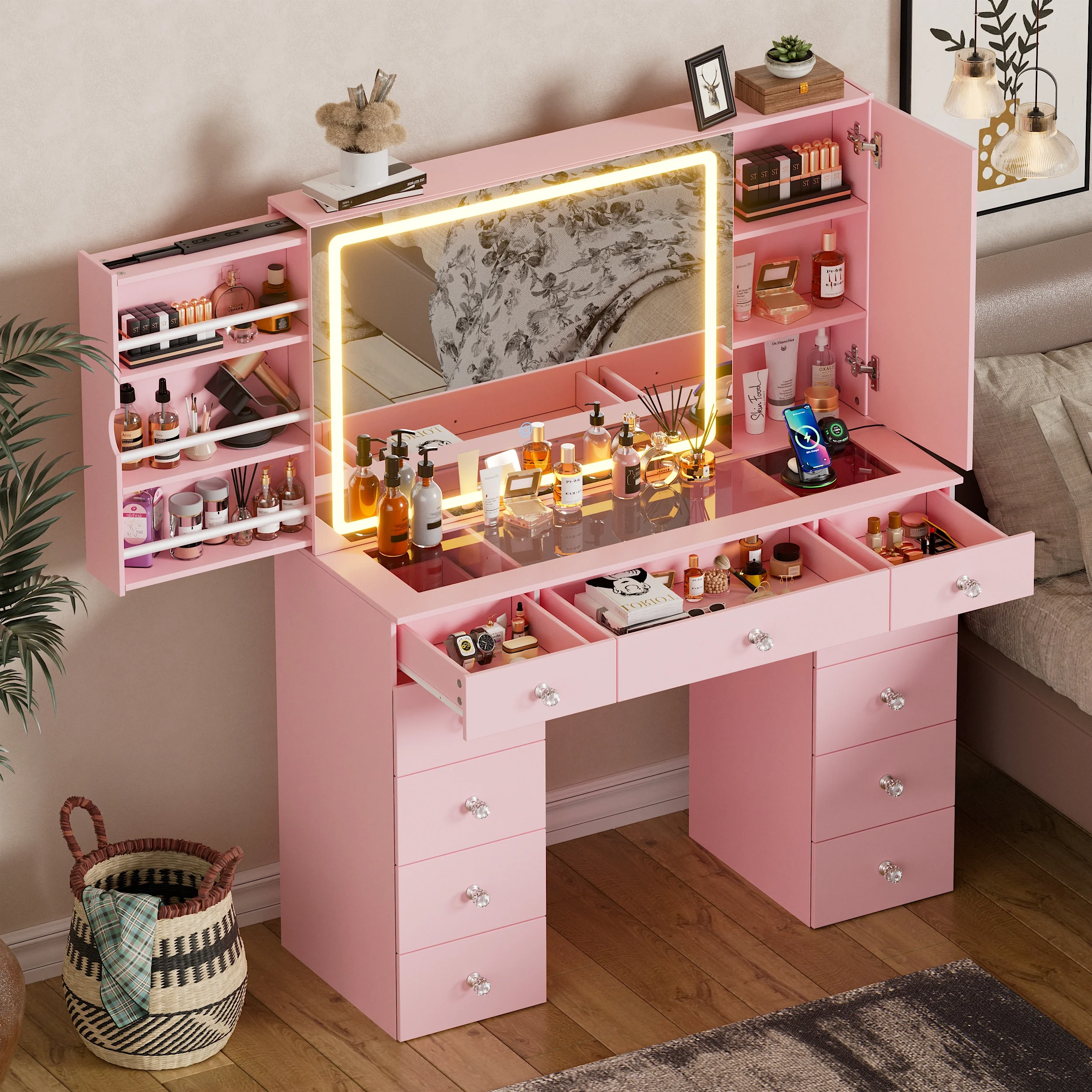 PAKASEPT Makeup Vanity Desk with Mirror and Lights, Vanity Desk with Charging Station, Drawers, Movable Shelves for Makeup, Modern Vanity Table Set with Vanity Stool for Bedroom, White