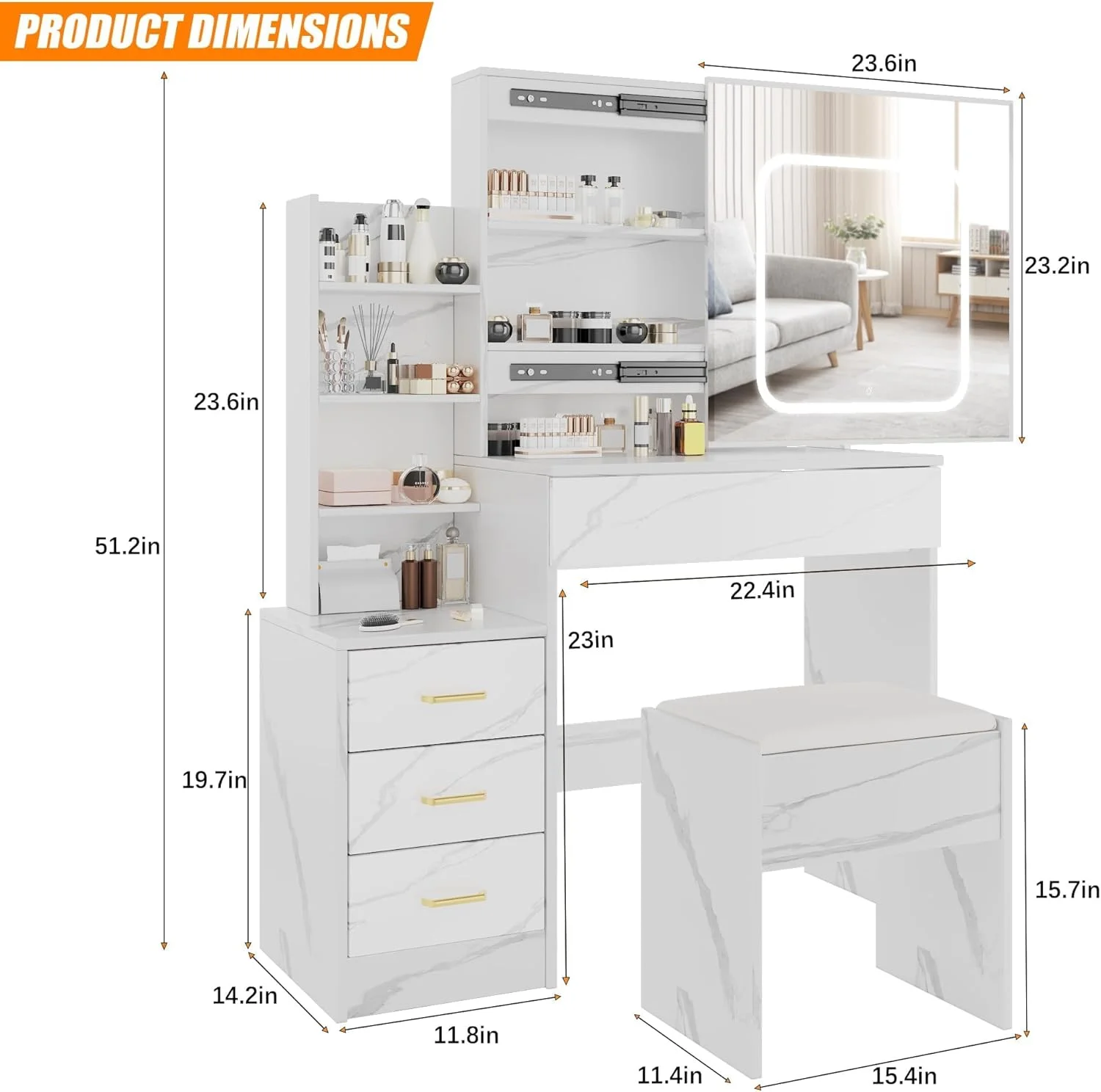 Vanity Desk with Sliding Mirror and Lights, Makeup Vanity Set with Power Outlet, 4 Drawers, Stool, Open Shelves, 3 Color Lighting Modes, Brightness Adjustable, Makeup Dressing Table for Bedroom