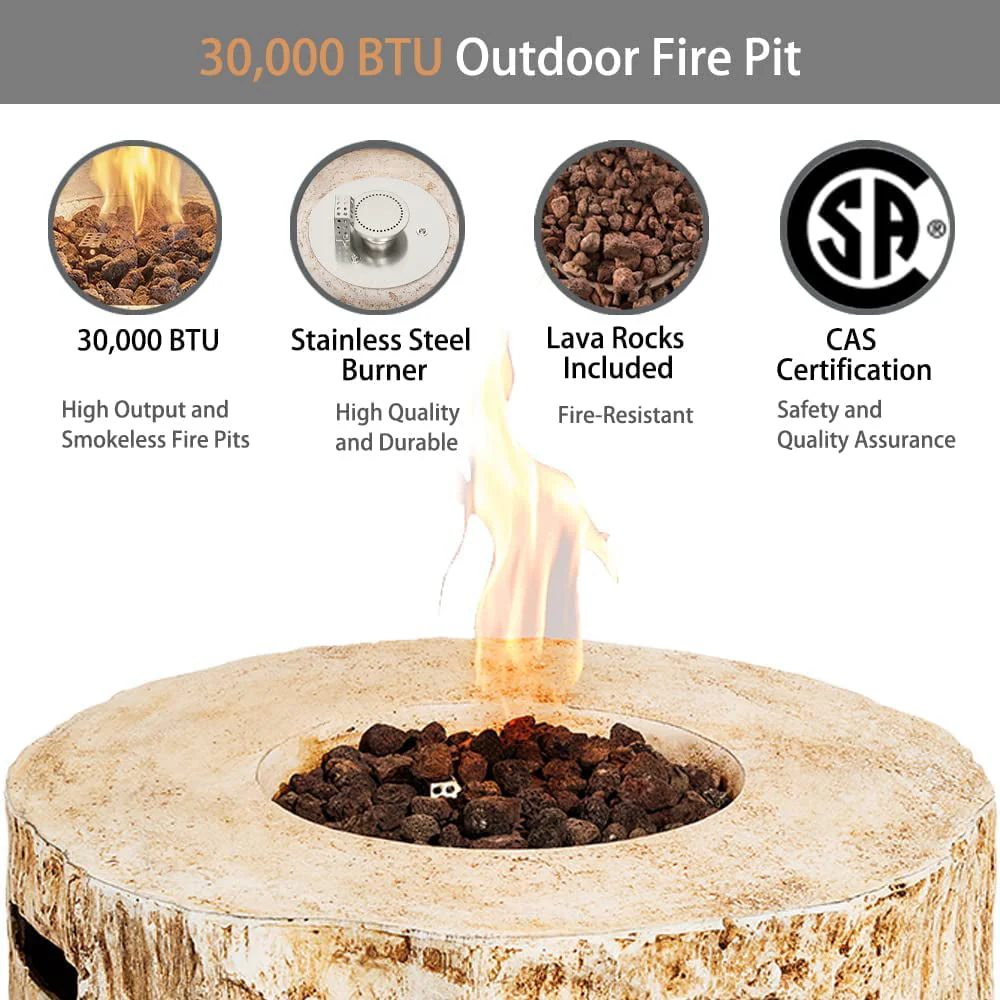 UIXE Gas Fire Pit Bowl Table, Faux Stump Outdoor Propane Firepit Round Table with Lava Rock, Waterproof Cover, Smokeless Fire Pit for Outside Patio Garden Backyard, 28 inch 30,000 BTU, CSA Approved
