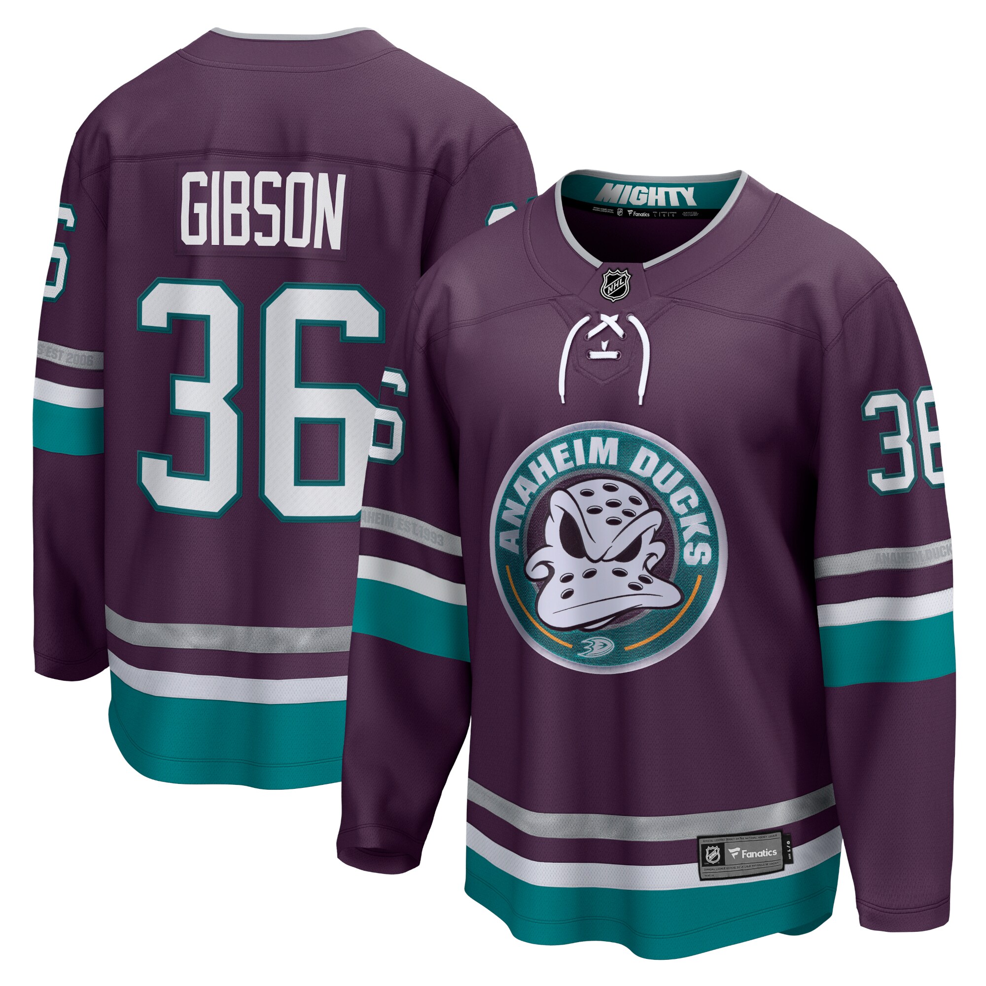 John Gibson Anaheim Ducks Fanatics 30th Anniversary Premier Breakaway Jersey – Purple