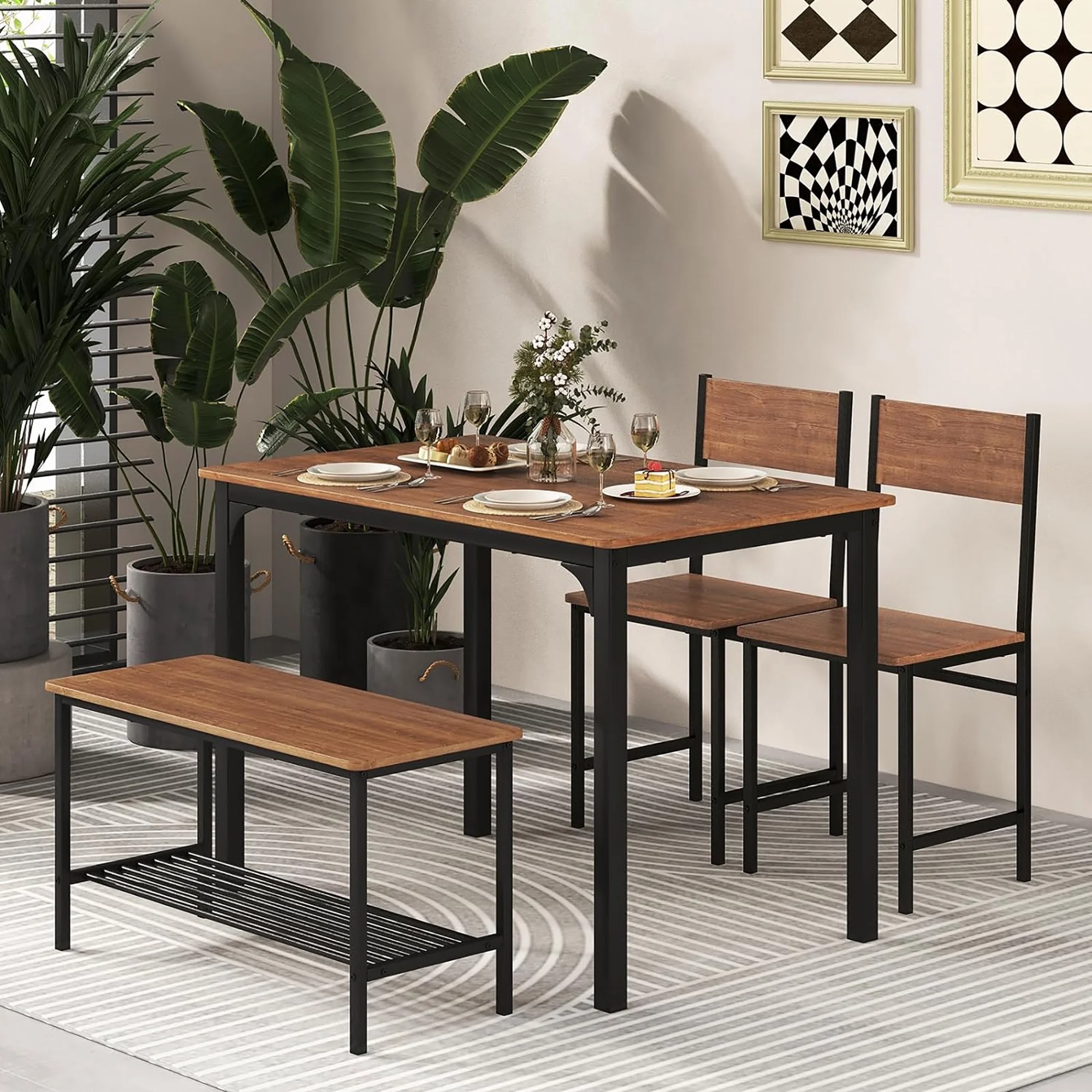 Gymax 4pcs Dining Table Set Rustic Desk 2 Chairs & Bench w/ Storage Rack Grey