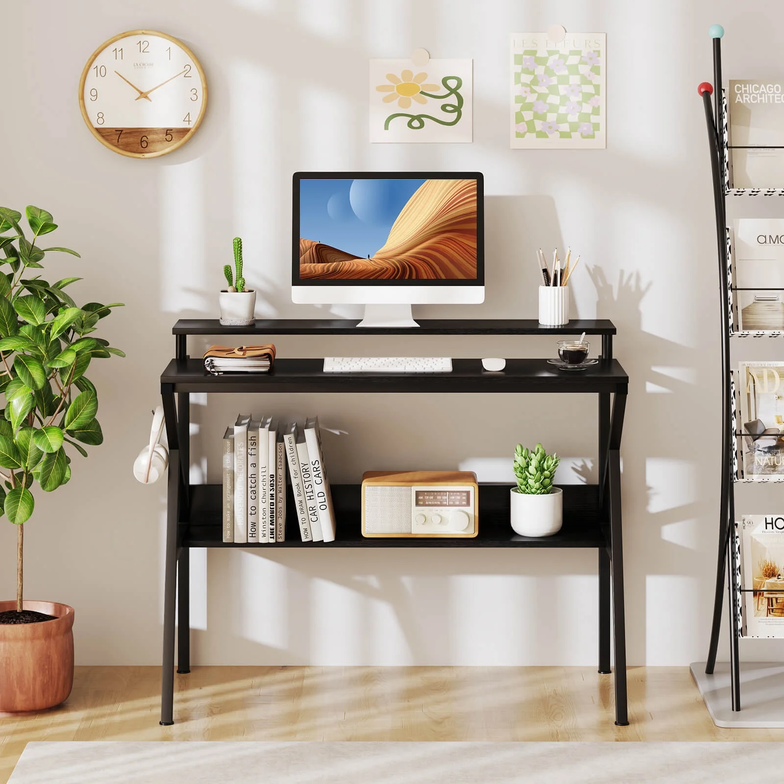Costway Home Office Desk with Monitor Stand, Open Shelf & Metal Frame, Earphone Hook White