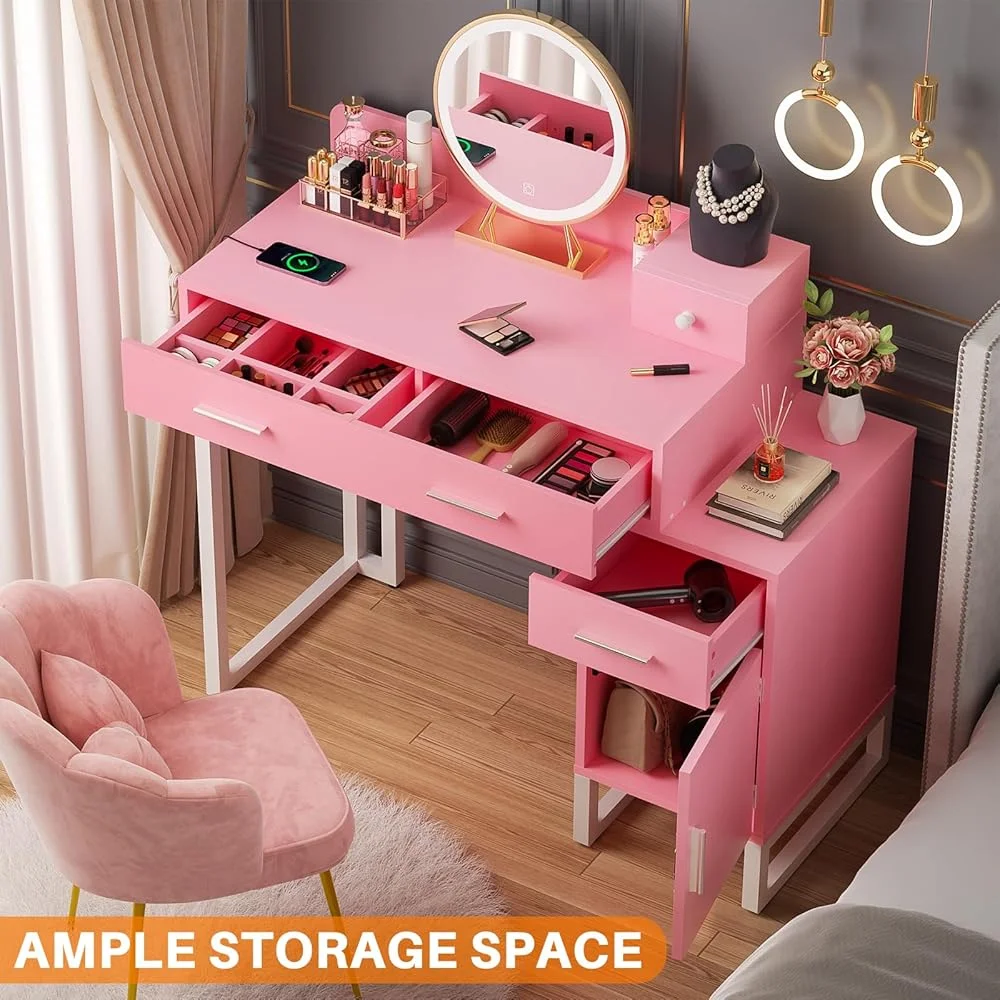 Vanity Desk With 4 Drawers and Cabinet, Makeup Vanity Table With Charge Station Socket, Small Space Makeup Bedside Cupboard, Gift for Her Choice, Suit for Apartment/Dorm/Bedroom, Cute Pink