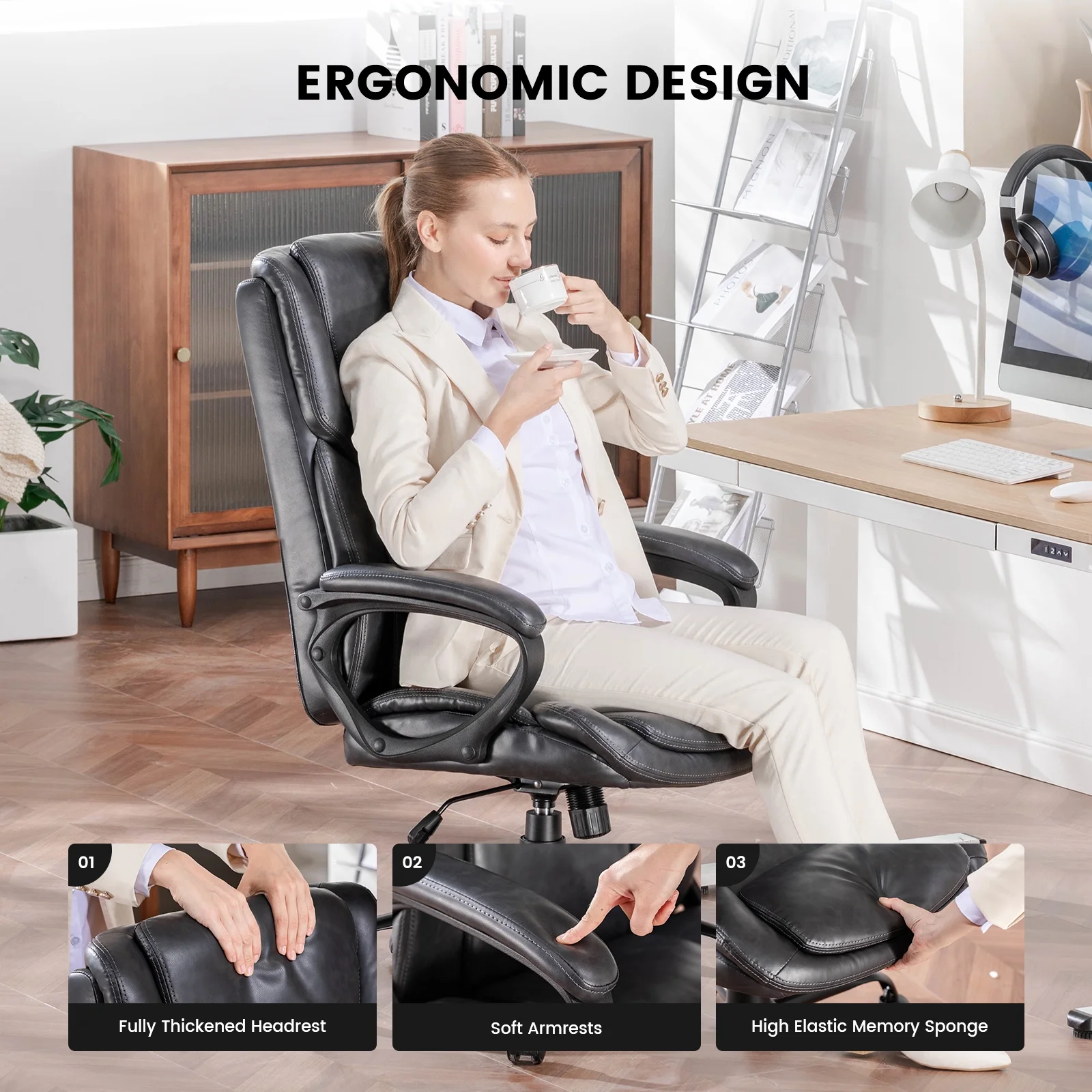 Mainstays Executive Ergonomic High Back Leather Home Office Desk Chair, Black