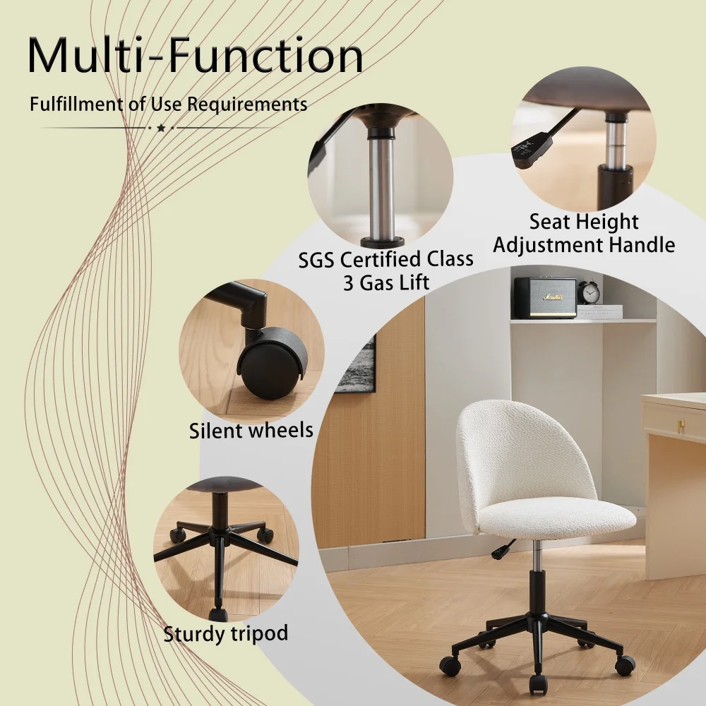 Modern Upholstered Desk Chair with Wheels, Mid-Back Adjustable Swivel Computer Chair with Black Legs, White