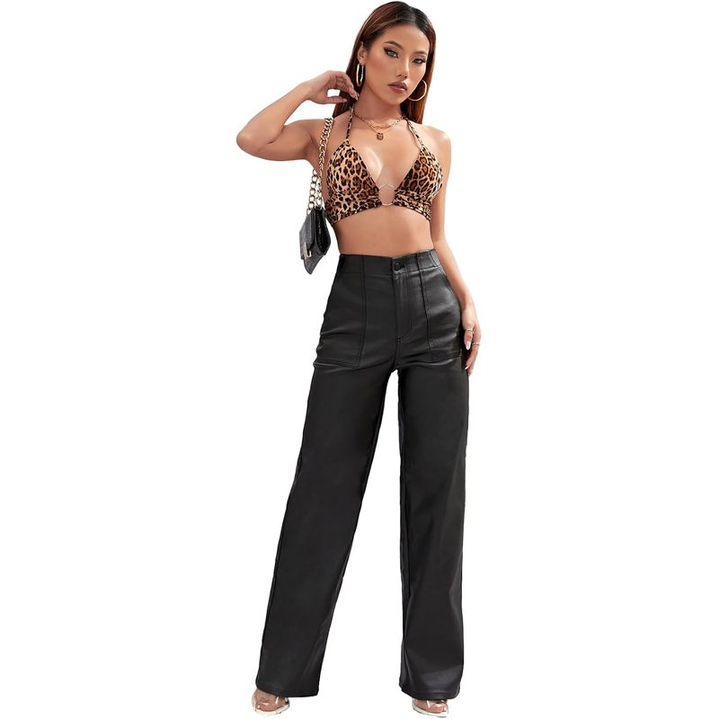 Leather Pants High Waist Coated PU Button Straight