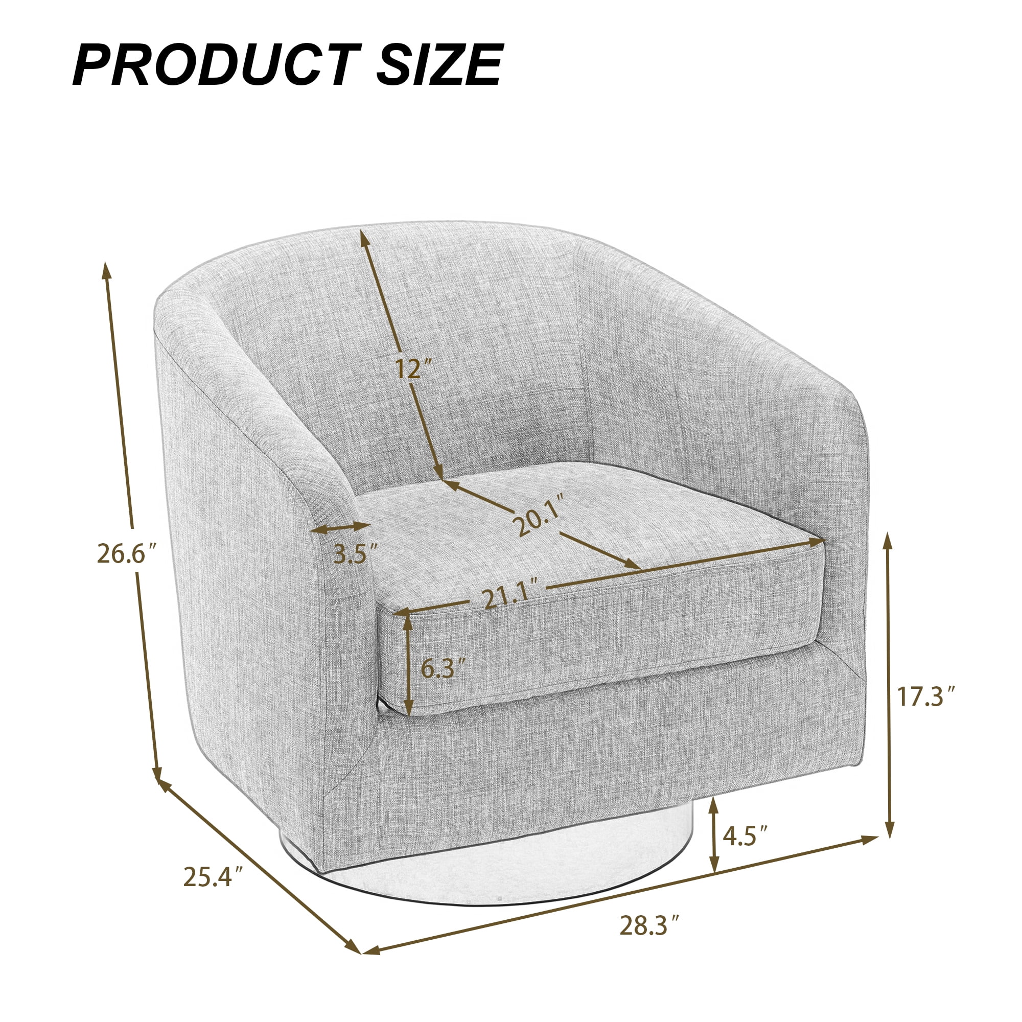 UIXE Swivel Accent Chair, Upholstered Fabric Barrel Chair for Living Room, Small Single Sofa Bedroom Reading Seat, Light Gray