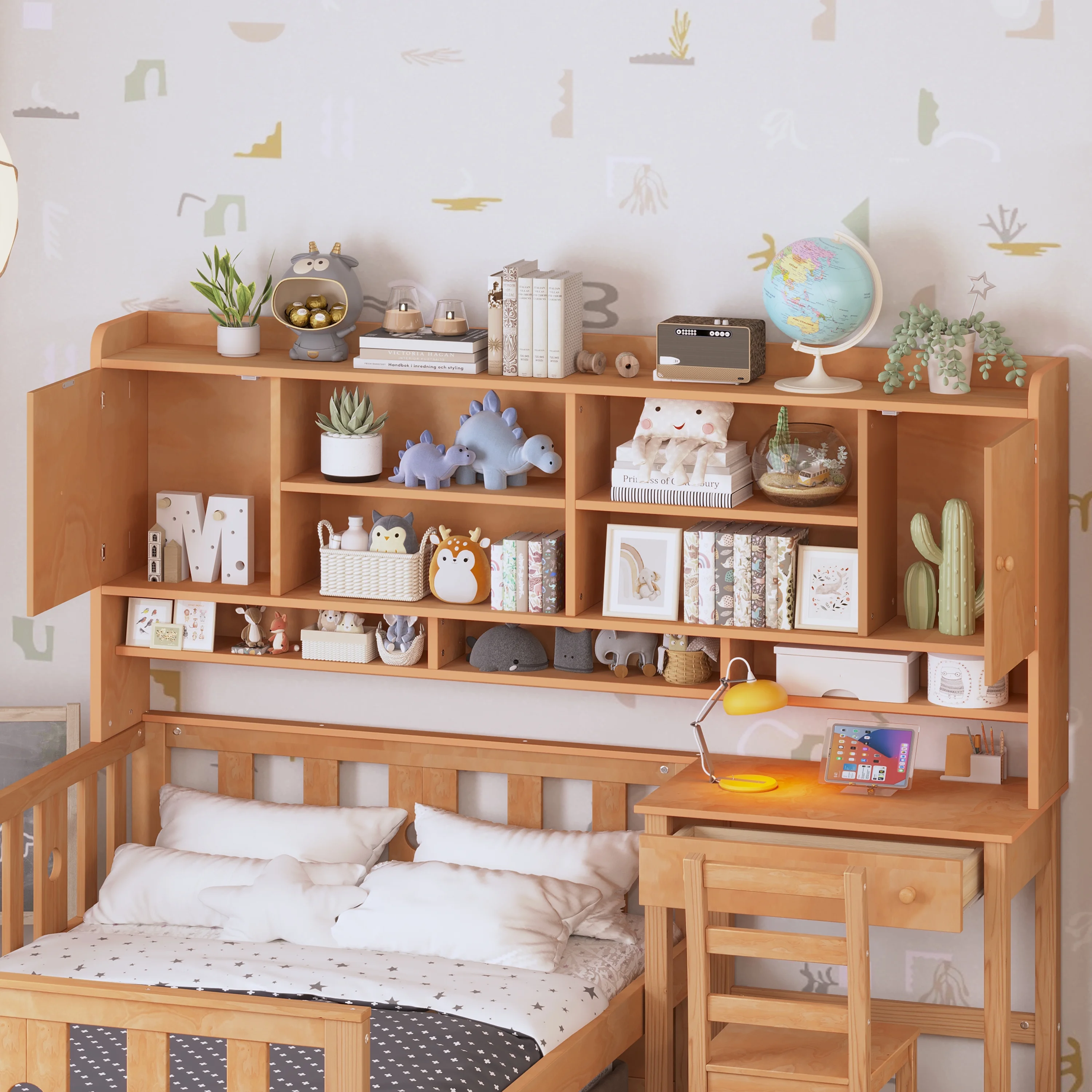 Euroco Wood Twin Size Platform Bed with Desk and Shelves, Table and Chair Set for Kids, Natural