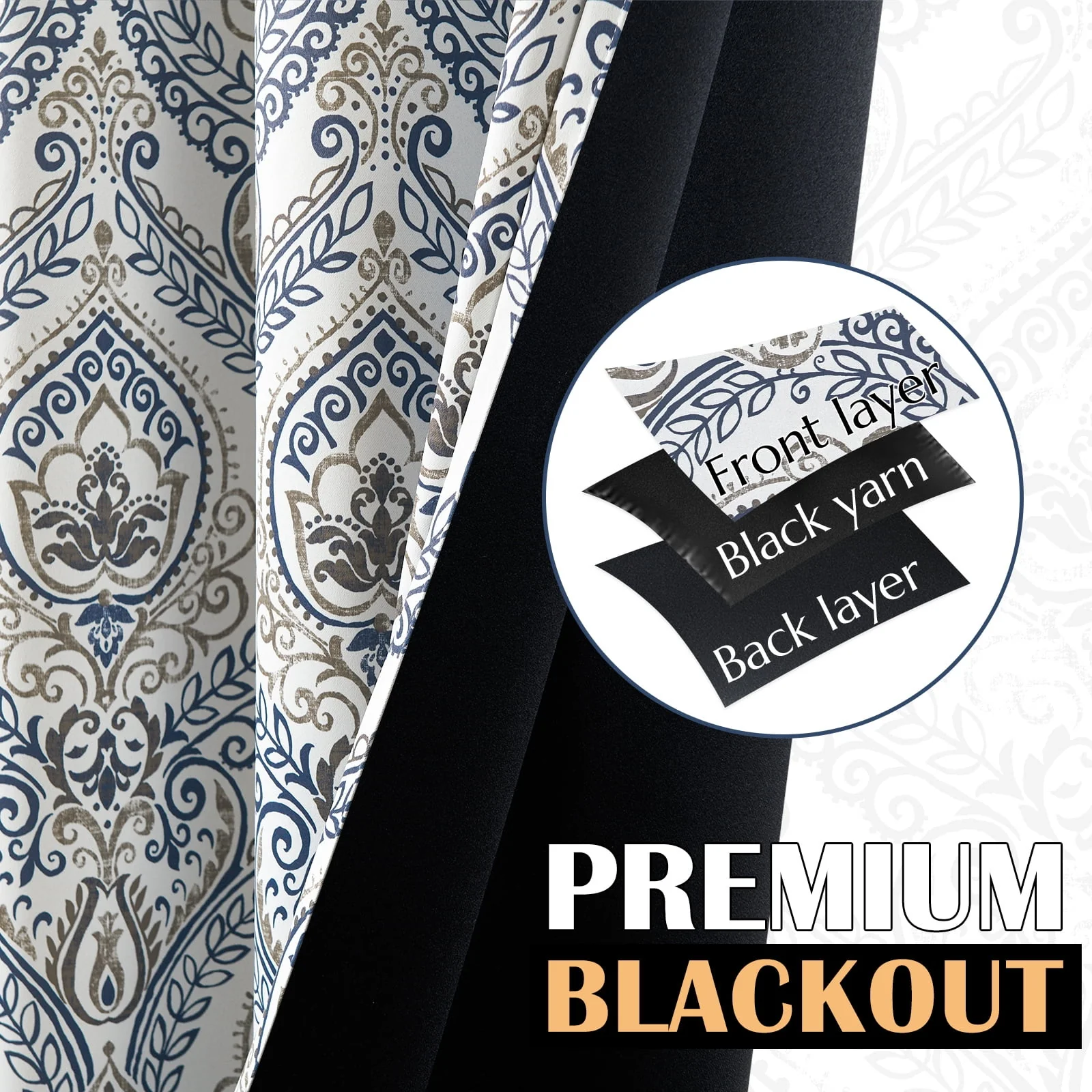 Curtainking 100% Blackout Curtains 84 in Blue Damask Medallion Window Curtains for Bedroom Grommet Thermal Insulated Drapes for Living Room Vintage Luxury Window Treatments Set 2 Panels
