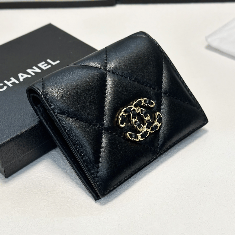 Chanel 19 Tri-Fold Wallet Black Gold/Chain Hardware 4.3 Inches
