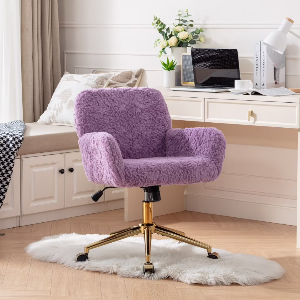 Furniture Office Chair,  Artificial Rabbit Hair Makeup Vanity Chair Chair, 360 Comfy Swivel Armchair with Wheels, Modern Height Adjustable Cute Vanity Chair for Living Room Small Spaces Pink