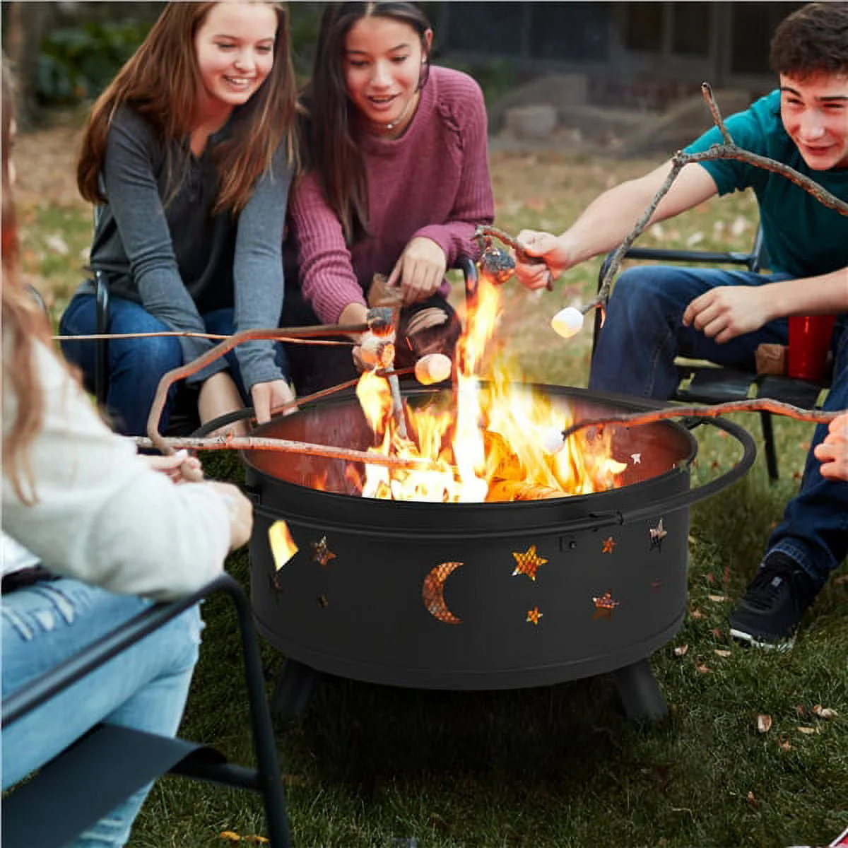 SMILE MART Iron Fire Pit Set Heating Equipment Camping Fire Bowl with Poker Mesh Cover for BBQ Backyard Patio Outdoor Fireplace Black