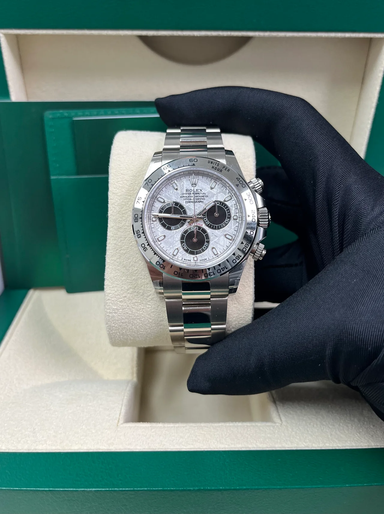 【Super Clone】Rolex Daytona White Gold Daytona 40mm Meteorite Dial Steel and Black Oyster (Reference # 116509)