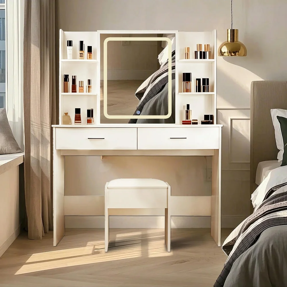 Kadyn Vanity Desk with Lighted Mirror, Vanity Table and Chair Set with 2 Drawers, Dressing Table Makeup Desk with 1 Door, Retro Gray