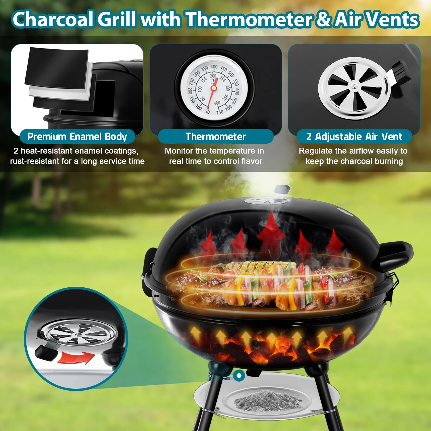Walchoice 22 inch Charcoal Grill with Wheels & Temperature Gauge, 2 Layer Grilling Racks Heavy Duty Barbecue Grill for Backyard Camping BBQ Cooking, Black Enamel Lid & Bowl