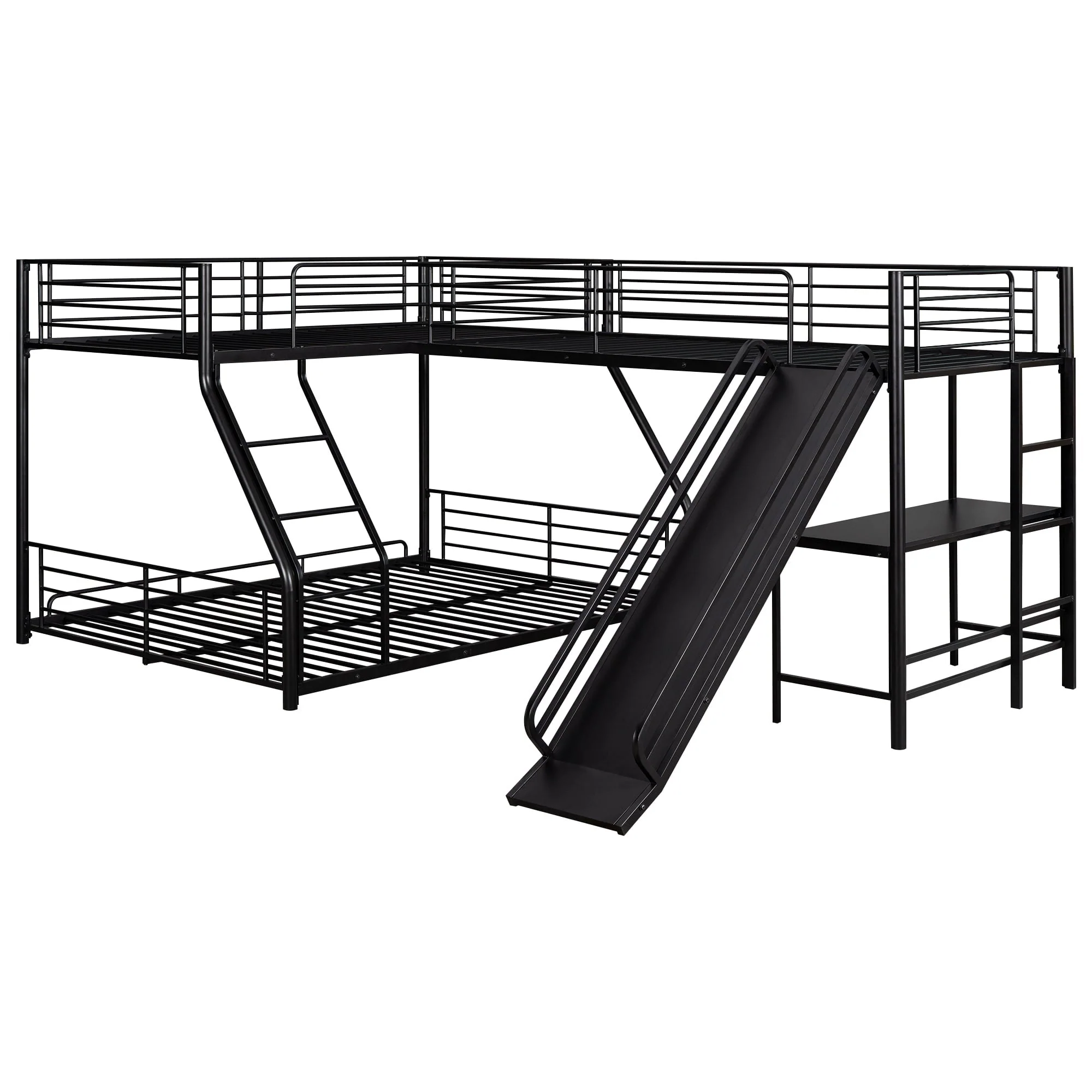 Metal L-Shaped Twin over Full Bunk and Loft Bed with Desk for Kids, Black