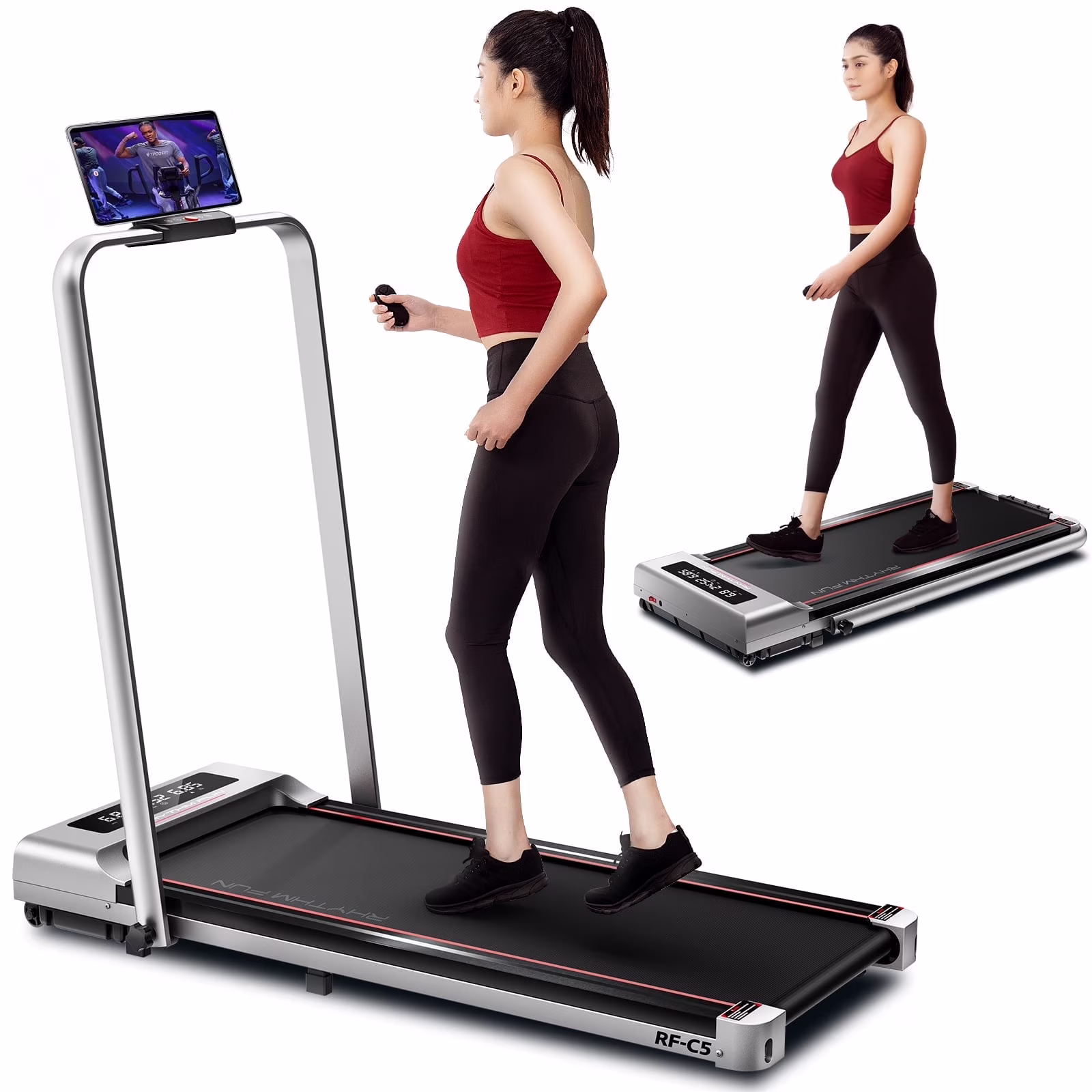 RHYTHM FUN Foldable Walking Pad with Incline, Portable Under-Desk Treadmill, 300 lb Capacity, Remote Control, LED Display for Home and Office