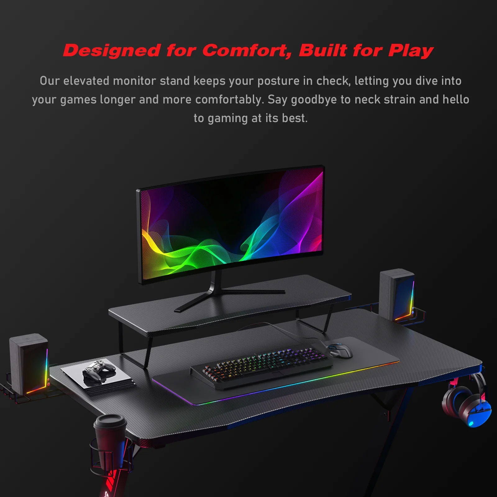 GTRACING Ergonomic Curved 3-Sided LED Z-Leg Gaming Desk, Black
