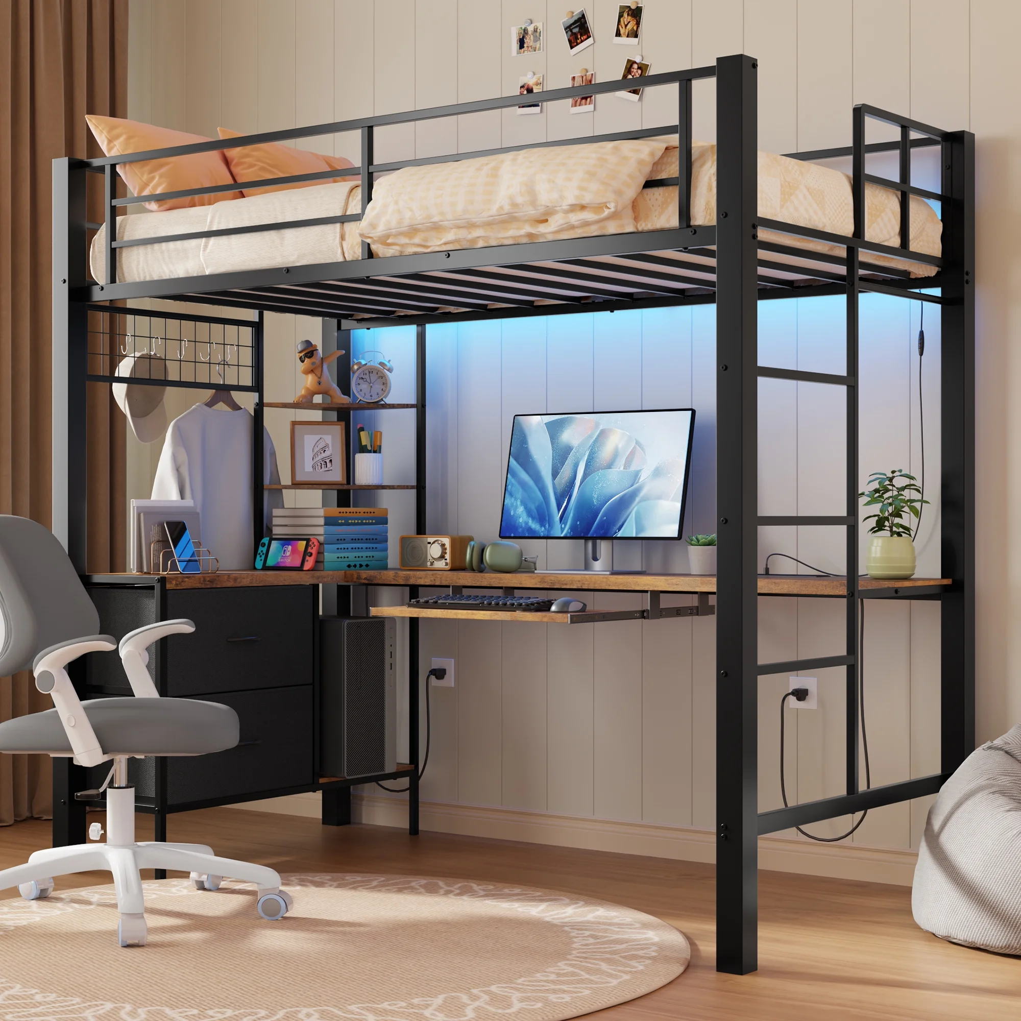 Loft Bed Frame with L-Shaped Writing Desk with Storage Drawers and Shelves, Lofka Twin Metal Bed with LED Lights and Charging Station, Retro Brown Board