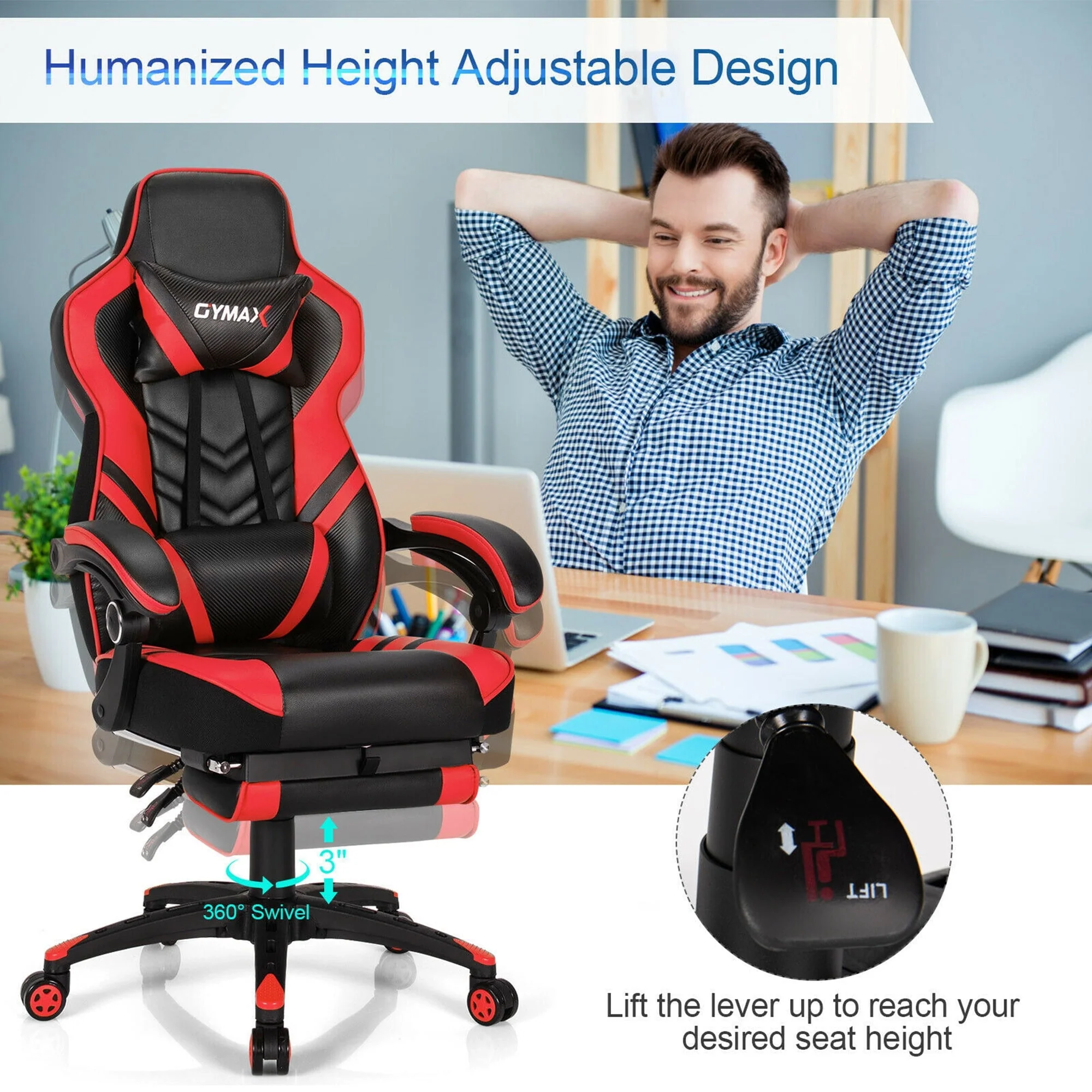 Gymax Office Computer Desk Chair Gaming Chair Adjustable Swivel w/Footrest Red