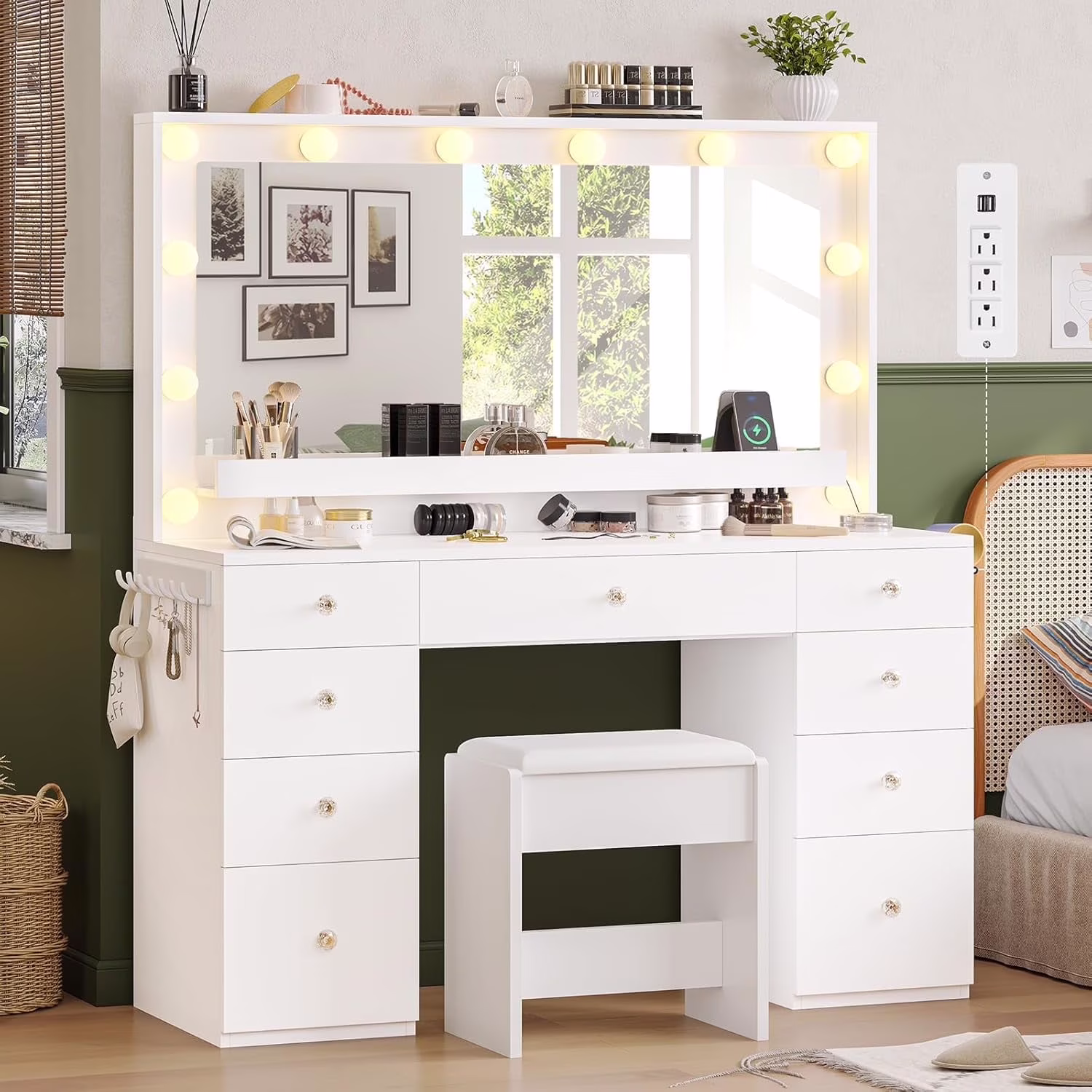 Aunfebrco White Vanity Desk Makeup Vanity Table with Mirror and Lights and Charging Station, Large Dressing Table with Storage Cabinet&6 Drawers&4 Storage Shelves for Bedroom