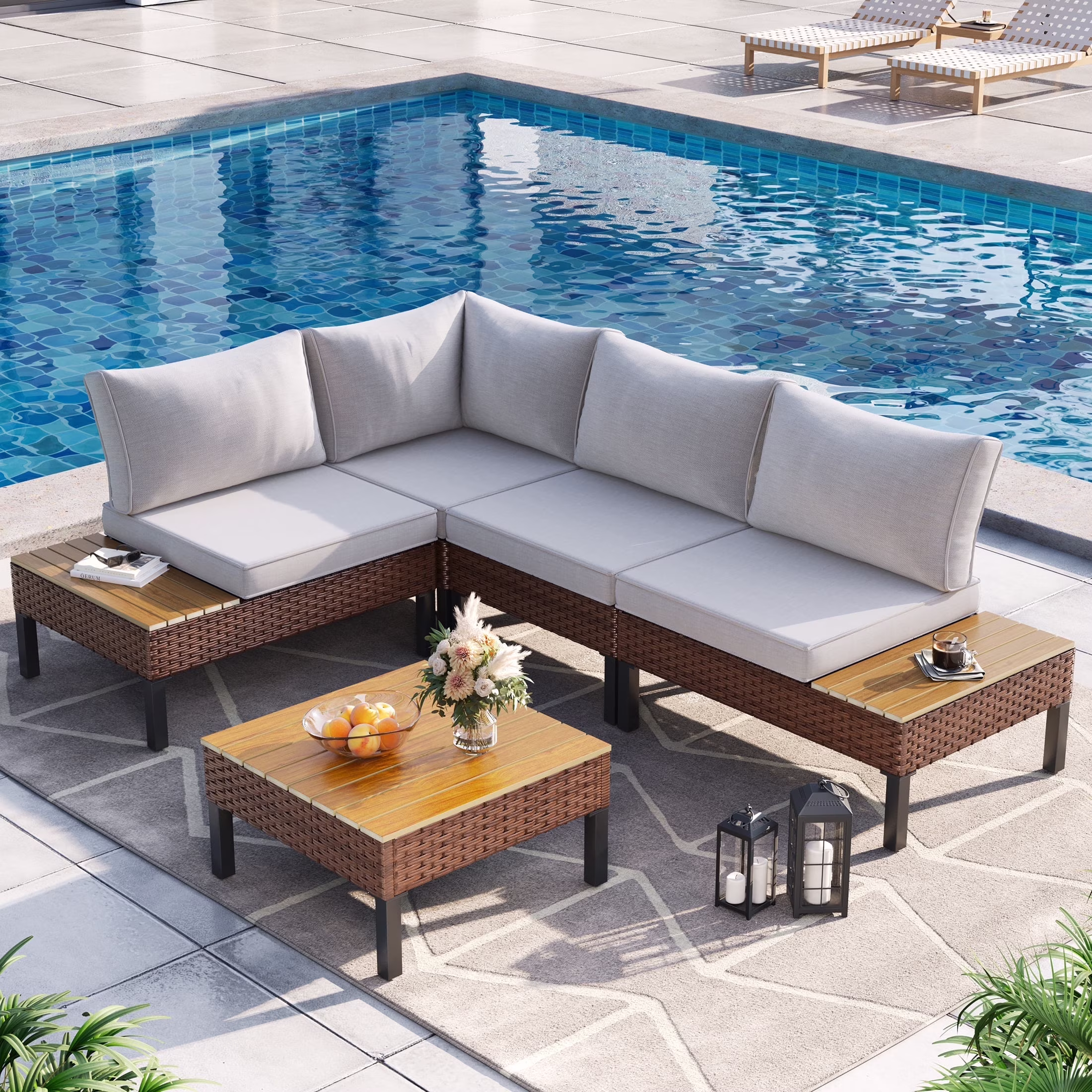 Poteban 5-piece Rattan Outdoor Patio Sofa Set,L-Shaped Sectional Sofa Couch with Coffee Table for Backyard,Lawn,Garden,Navy Blue