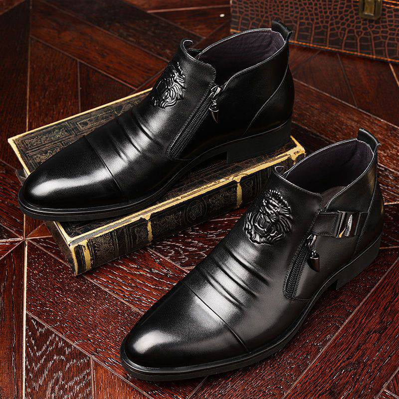 Leather Ankle Boots with Double Side Zipper and Pointed Toes for Men