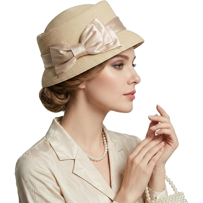Women's Vintage Straw Cloche Church Hat with Satin Bow