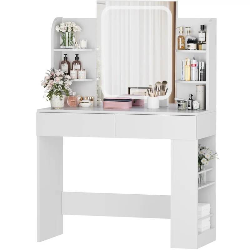 Furmax Makeup Vanity Desk with LED Lighted Mirror Vanity Table with Drawers, Shelves & Side Storage for Bedroom, White