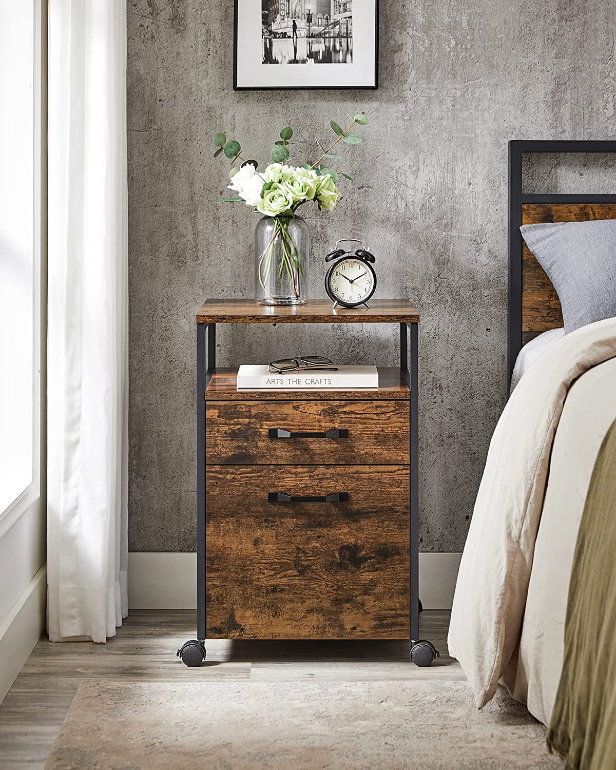 VASAGLE File Cabinet Mobile Filing Cabinet with Wheels 2 Drawers Open Shelf for Office Rustic Brown and Black