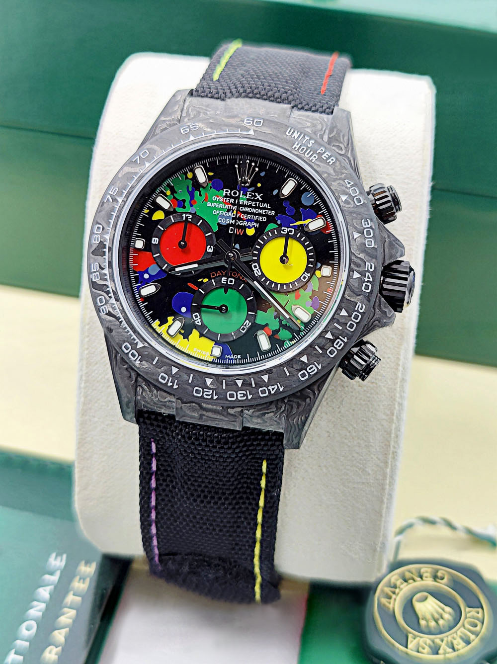 【Super Clone】Rolex Daytona DIW Carbon Motley Multicolour Dial Super Clone Swiss Replica Watch | Custom Made Limited Edition | 4130 Swiss Movement