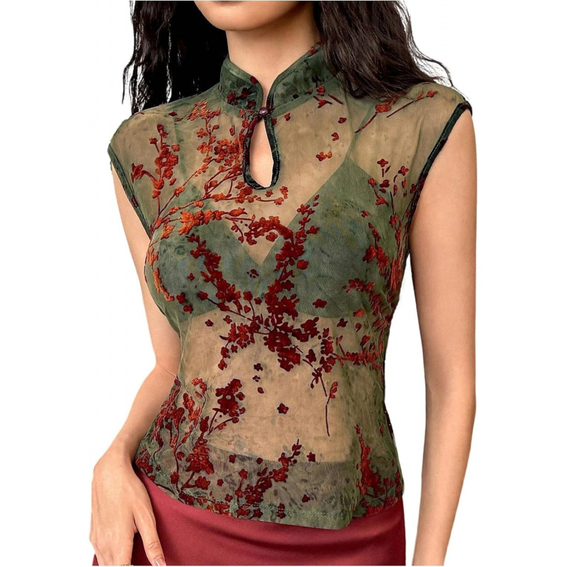 Women's Cheongsam Top Floral Mesh Sheer