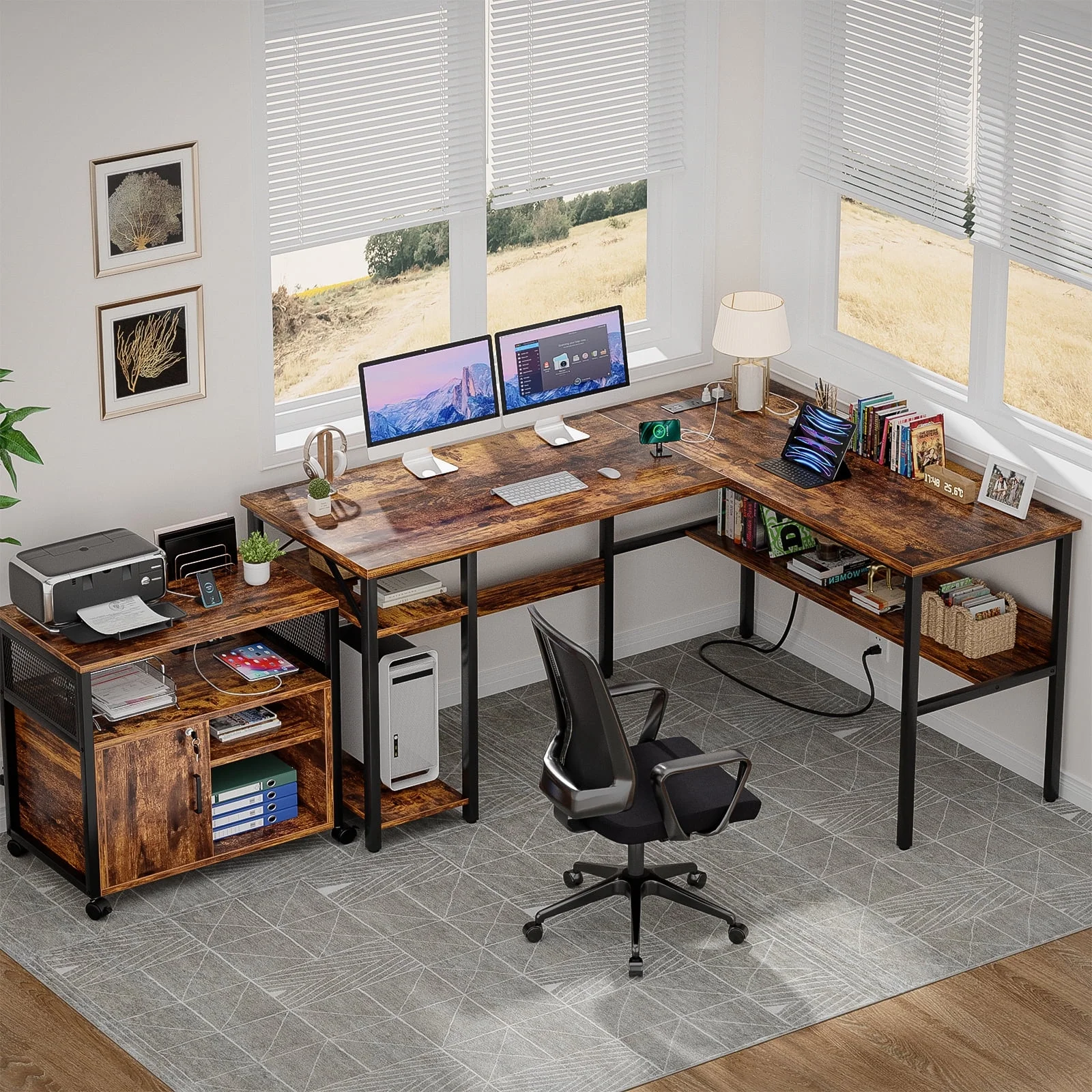 Homieasy Reversible L Shaped Desk with Magic Power Outlets and USB Charging Ports, Sturdy Corner Computer Desk with Storage Shelves, Gaming Table Home Office Desk, Easy to Assemble, Black Oak