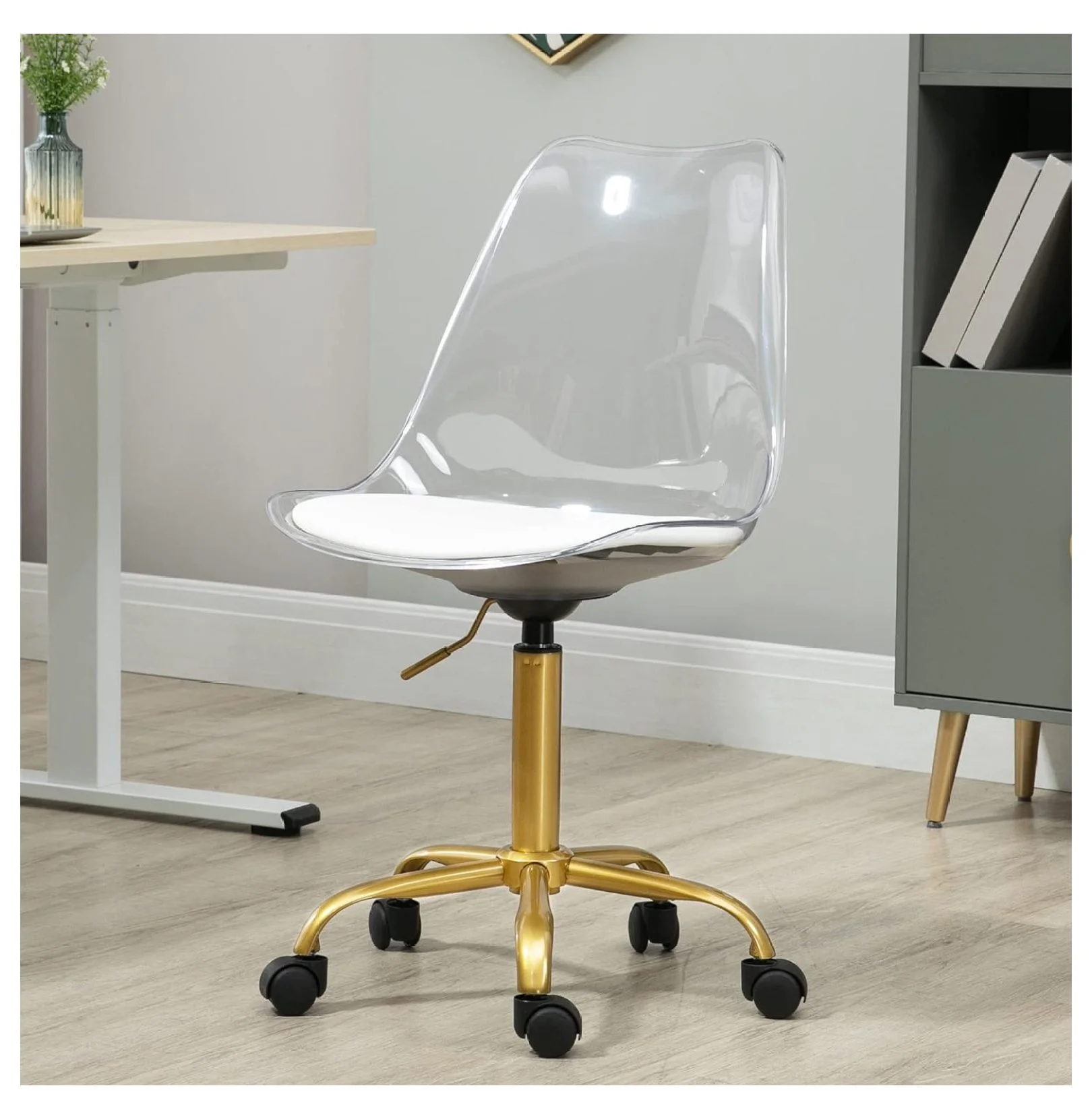 saney Clear Rolling Chair, Armless Desk Chair with Golden Feet Swivel Molded Plastic Shell Adjustable Home Office Chair with Wheels, Clear