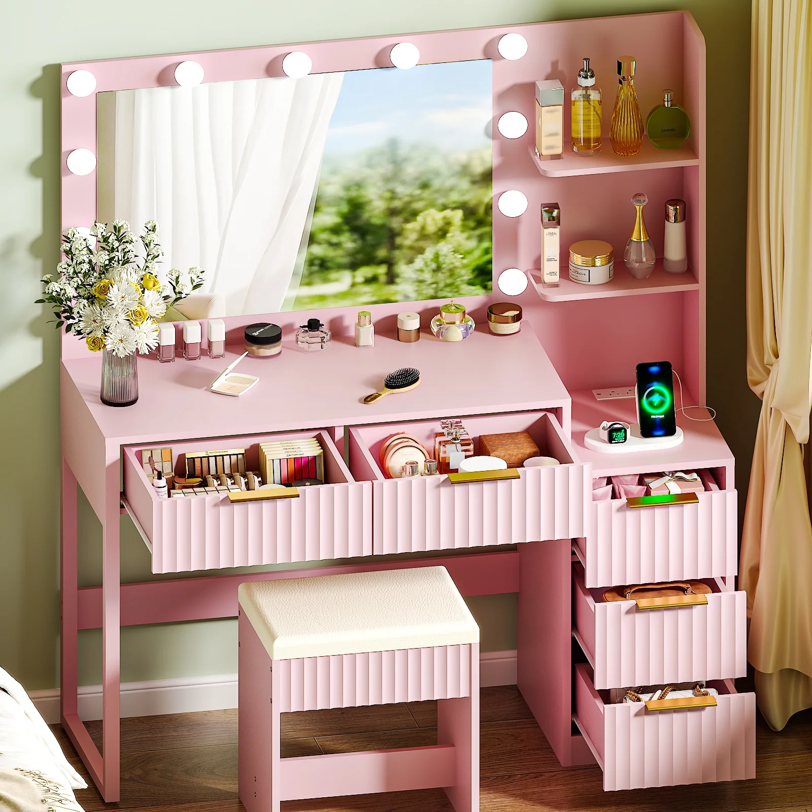 Ktaxon Flutted Makeup Vanity Table Set with 5 Drawer, Dressing Table w/Charging Station, Vanity Desk for Femal Gift, White