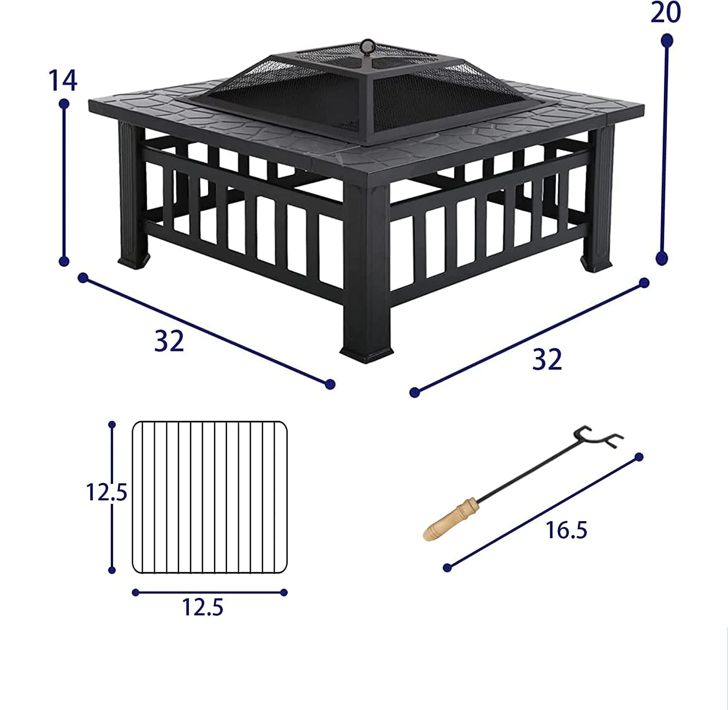 Metal Fire Pit for Outside, 32'' Stone Finish Fire Pit Table, Wood Burning Outdoor Firepit with Fire Bowl, Mesh Screen Lid, Poker