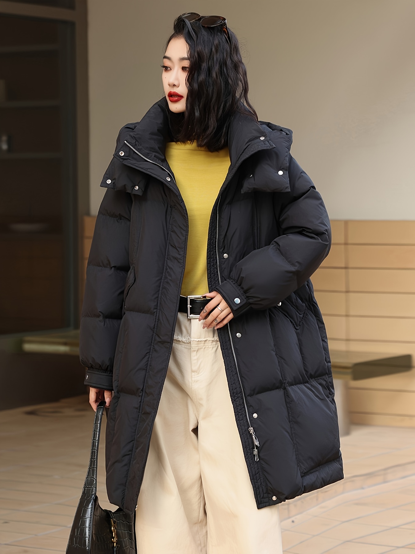 Zipper Stand Collar Pockets Hoodie Puffer Jacket, Casual Long Sleeve Jacket For Winter