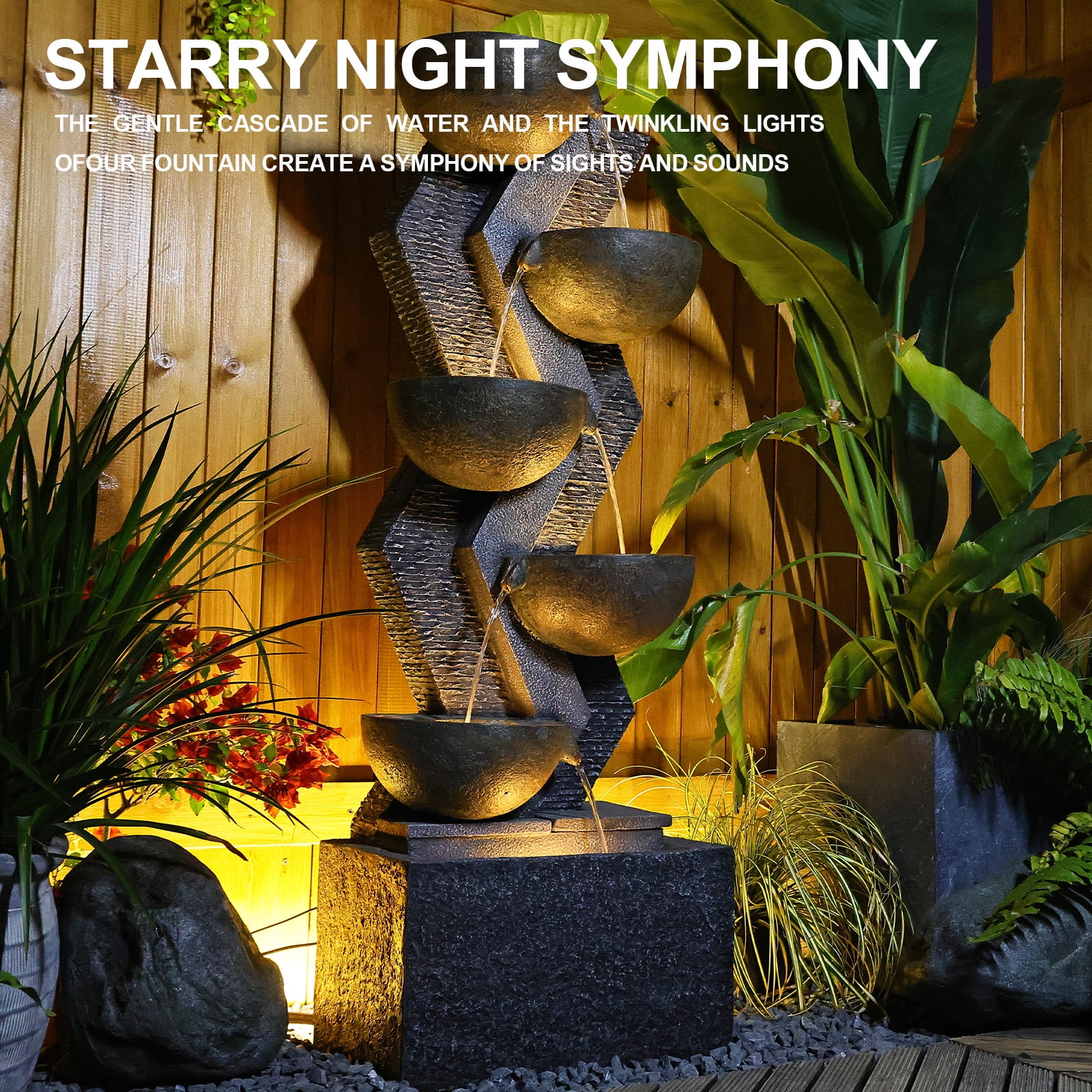 6-Tier Garden Outdoor Fountains and Waterfalls with Lights & Bowls for Patio, Backyard, Deck, Porch and Home Decor
