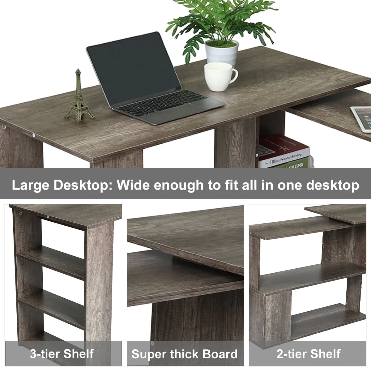 Hoffree 360 Degree Rotating Computer Desk L Shaped Corner Desk with Storage Shelf Office Home Study Workstation