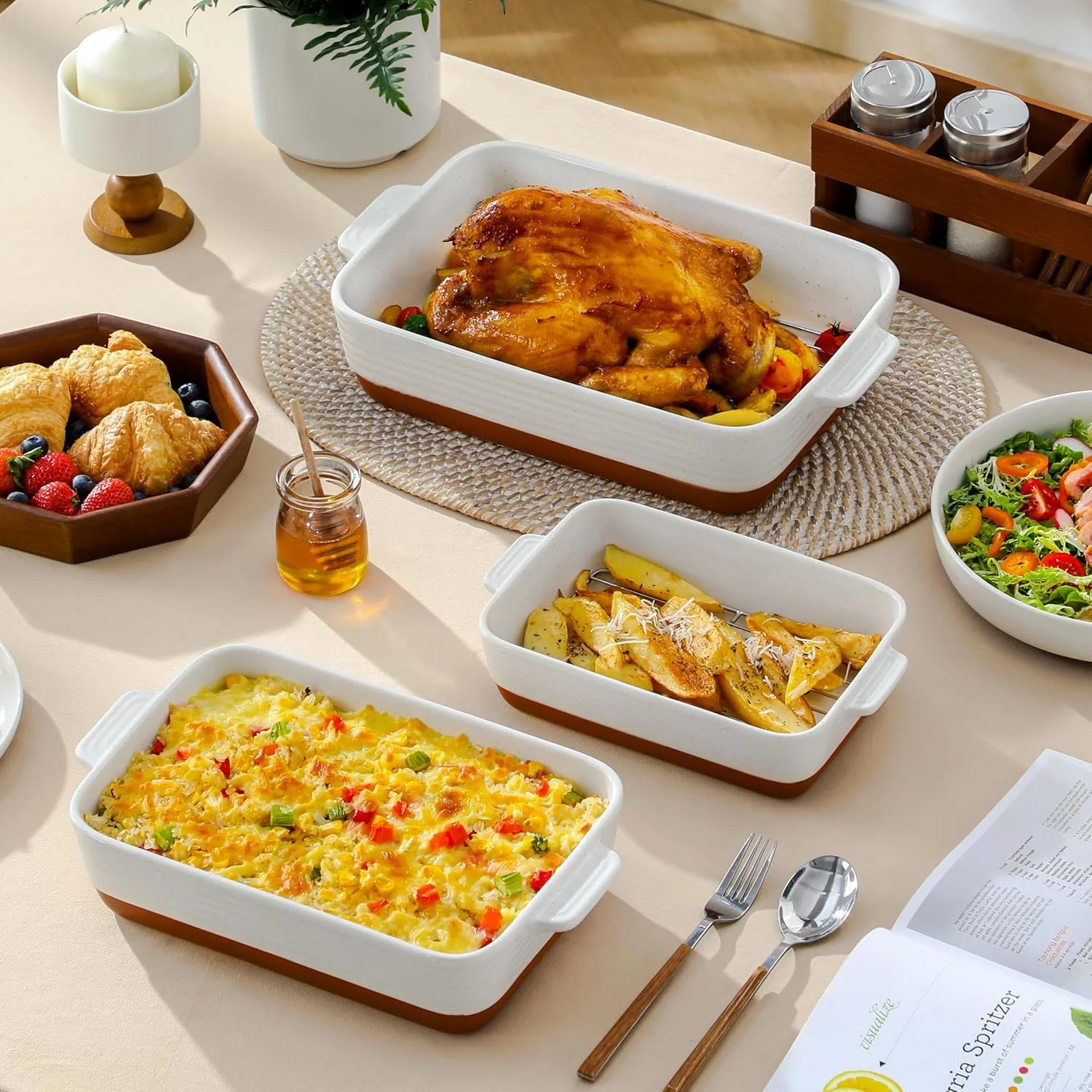 Casserole Dishes for Oven with Roasting Racks, Ceramic Baking Dishes Set of 3, Baking Pan Casserole Dish Set, Rectangular Lasagna Pan Deep with Handles for Baking, Khaki White (14.5''/13''/10.5''),
