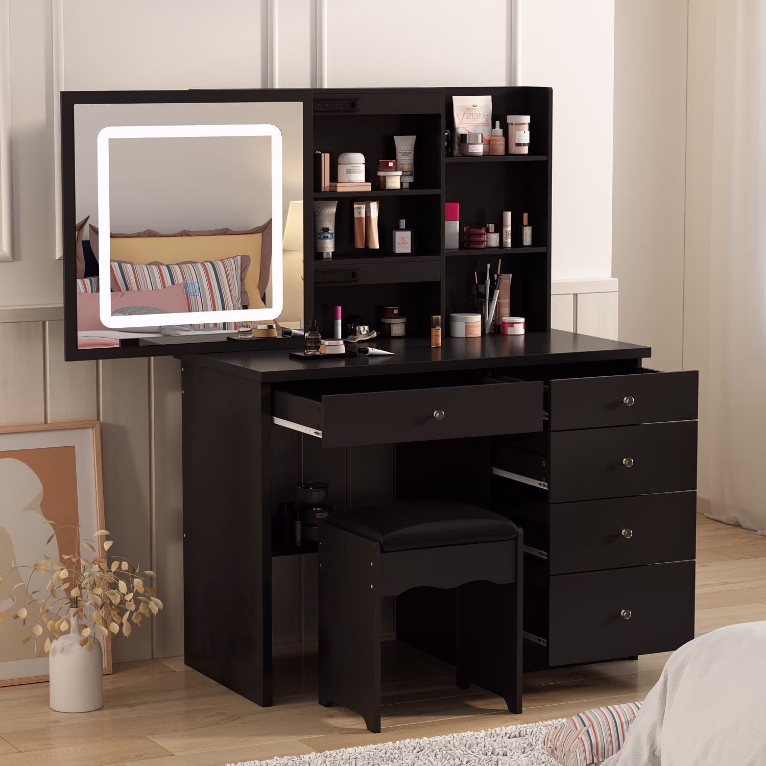 MONSLIPA Makeup Vanity Desk Set w/ Light, Sturdy Dressing Vanity Table with Bench, Shelves & Drawers